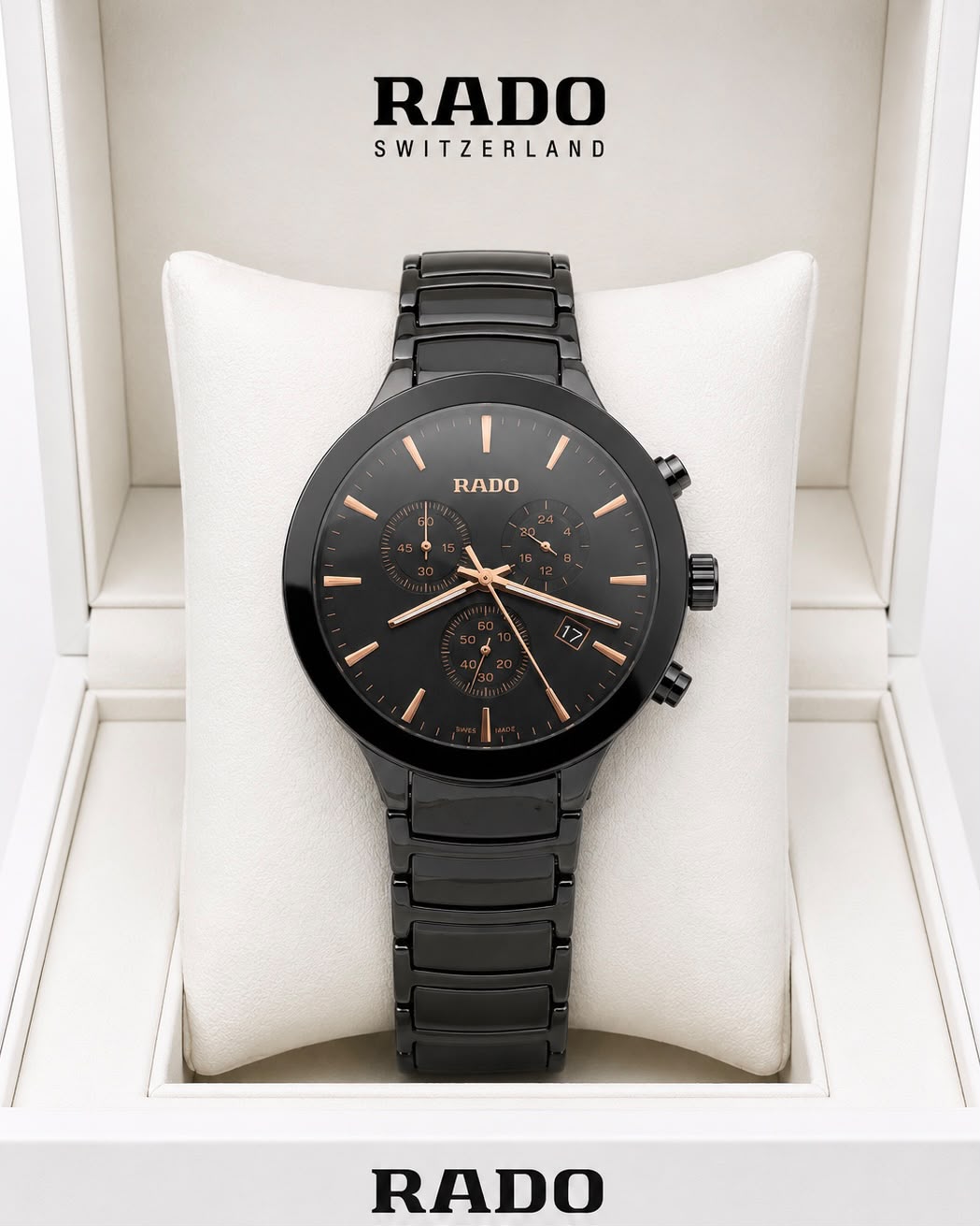 Rado Black Dial Rose Gold-Tone Stainless Steel Analog Watch