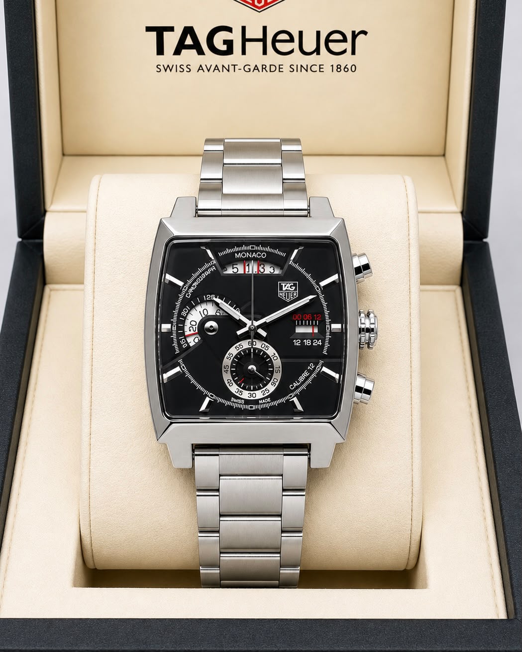TAG Heuer Monaco Silver-Tone Black Dial Stainless Steel Chronograph Watch