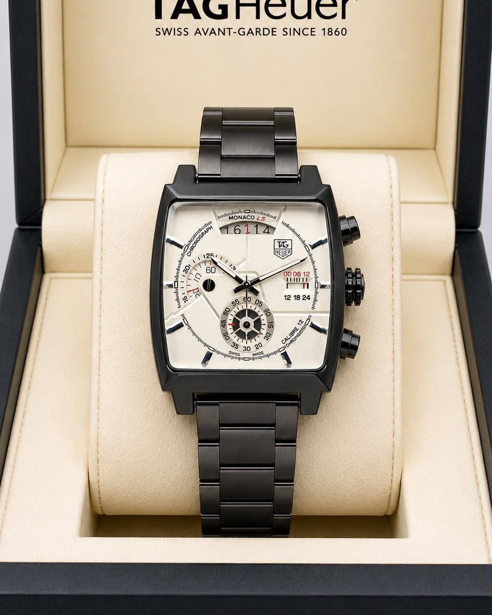 TAG Heuer Monaco Black Case White Dial Stainless Steel Chronograph Watch