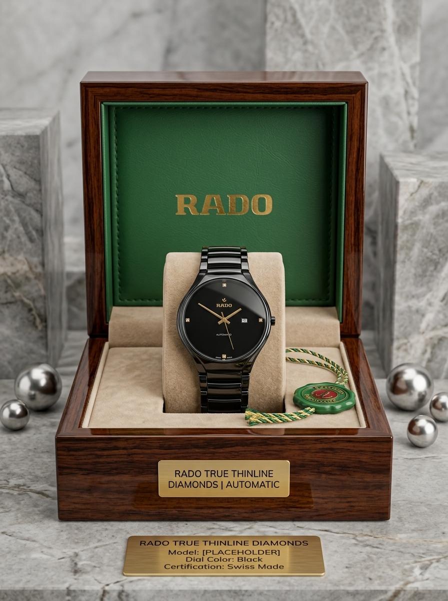 Rado True Thinline Black Dial Rose Gold Diamond Accent Watch