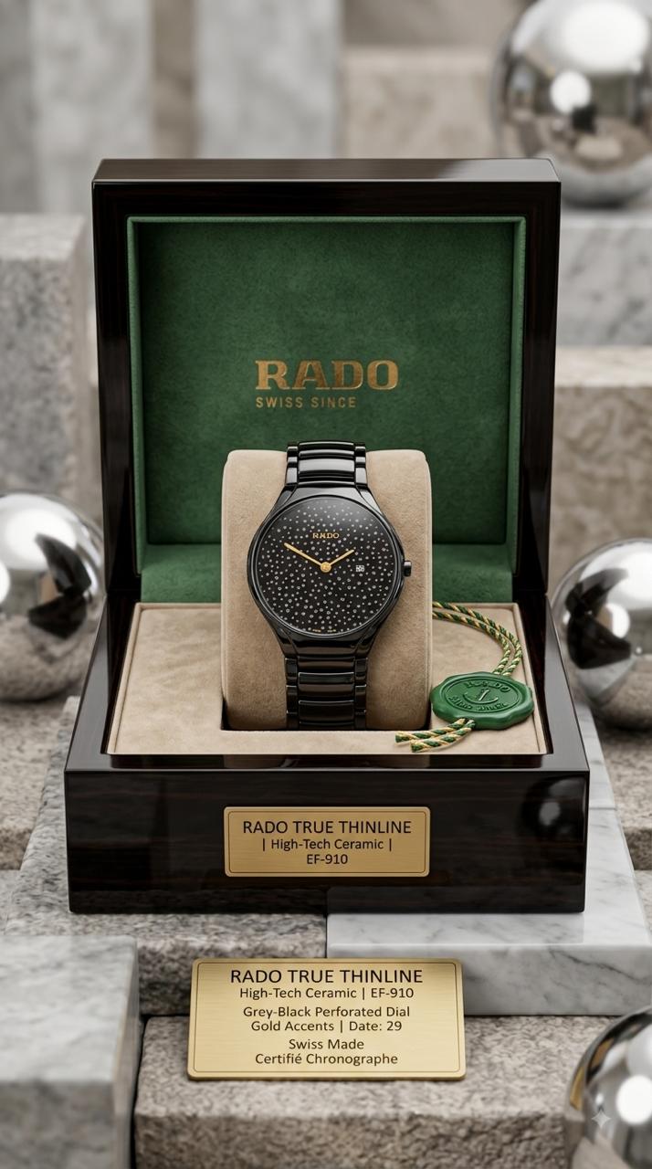 Rado True Thinline Black Dial Gold Dot Pattern Watch