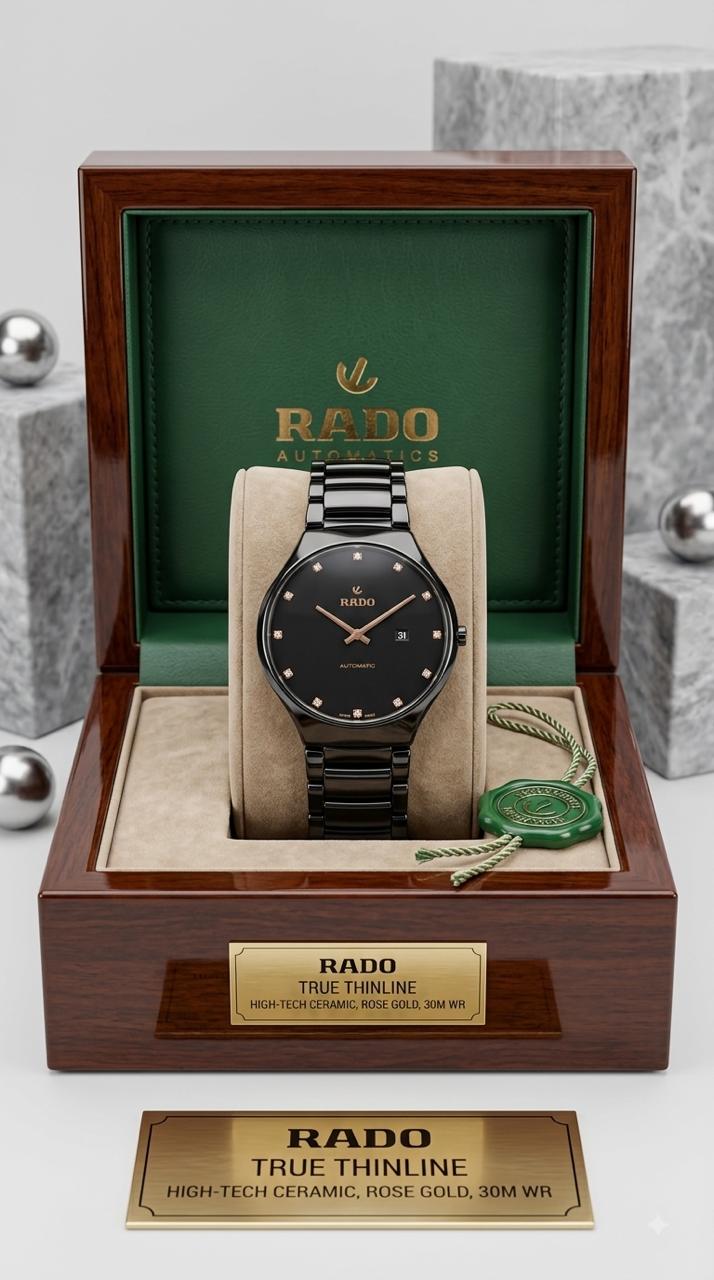 Rado True Thinline Black Dial Diamond Accent Automatic Watch