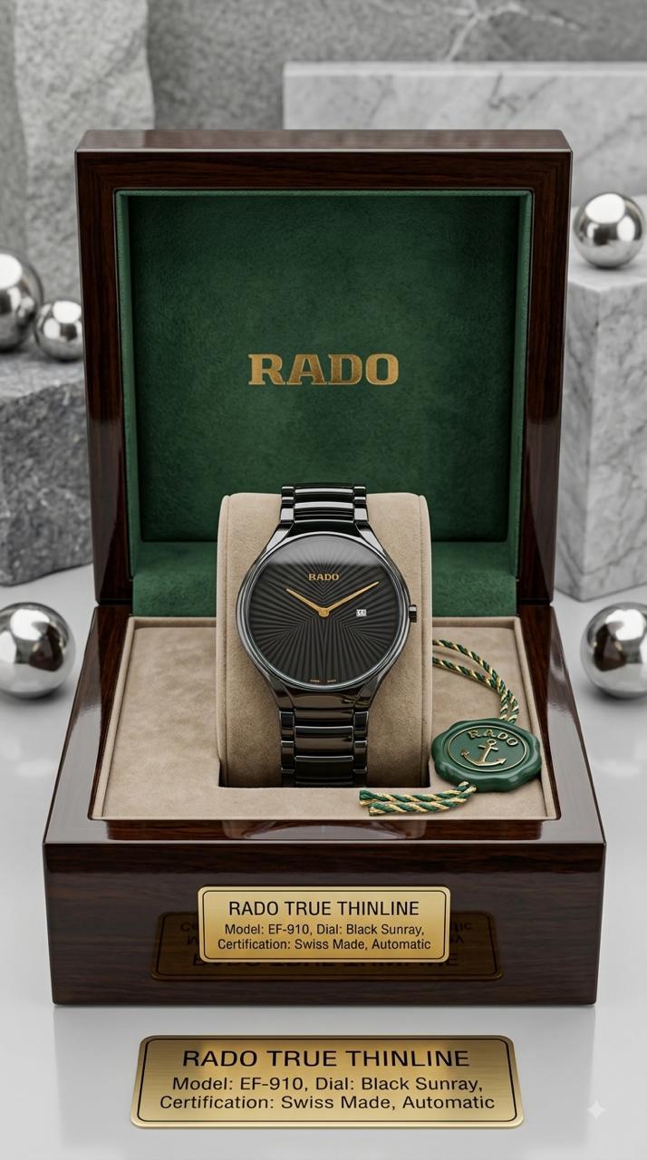 Rado True Thinline Black Sunray Dial Gold Accent Watch