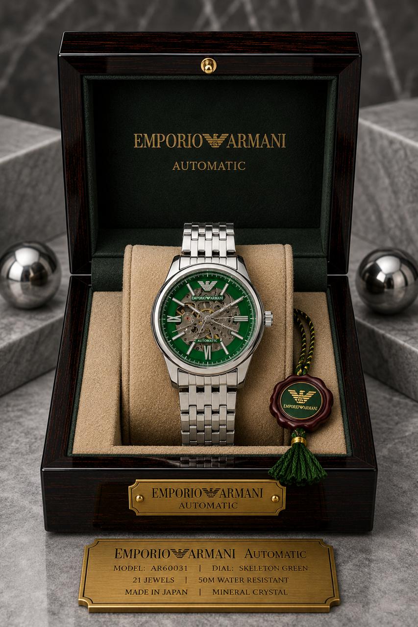 Emporio Armani Automatic Skeleton Green Dial Silver Stainless Steel Watch