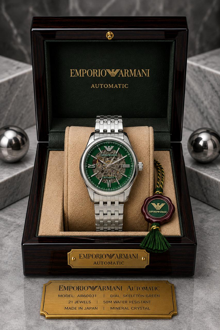 Emporio Armani Automatic Skeleton Green Dial Silver Stainless Steel Watch