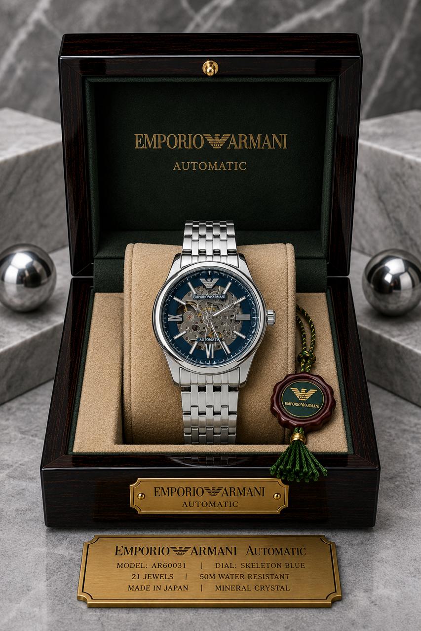 Emporio Armani Automatic Skeleton Blue Dial Silver Stainless Steel Watch