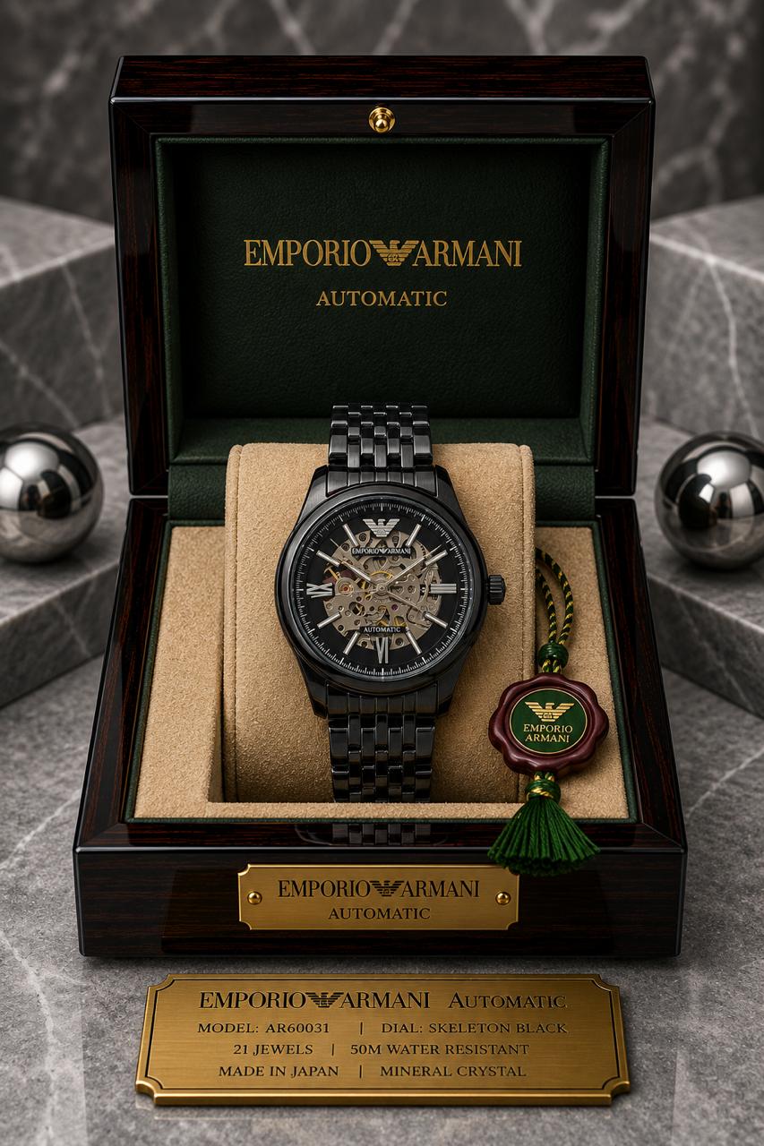 Emporio Armani Automatic Skeleton Black Dial Black Stainless Steel Watch