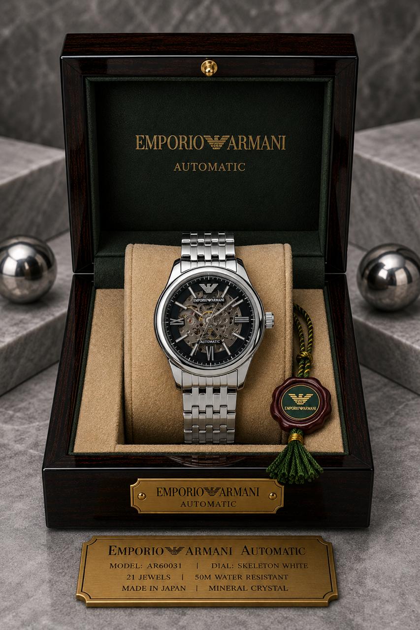 Emporio Armani Automatic Skeleton Black Dial Silver Stainless Steel Watch
