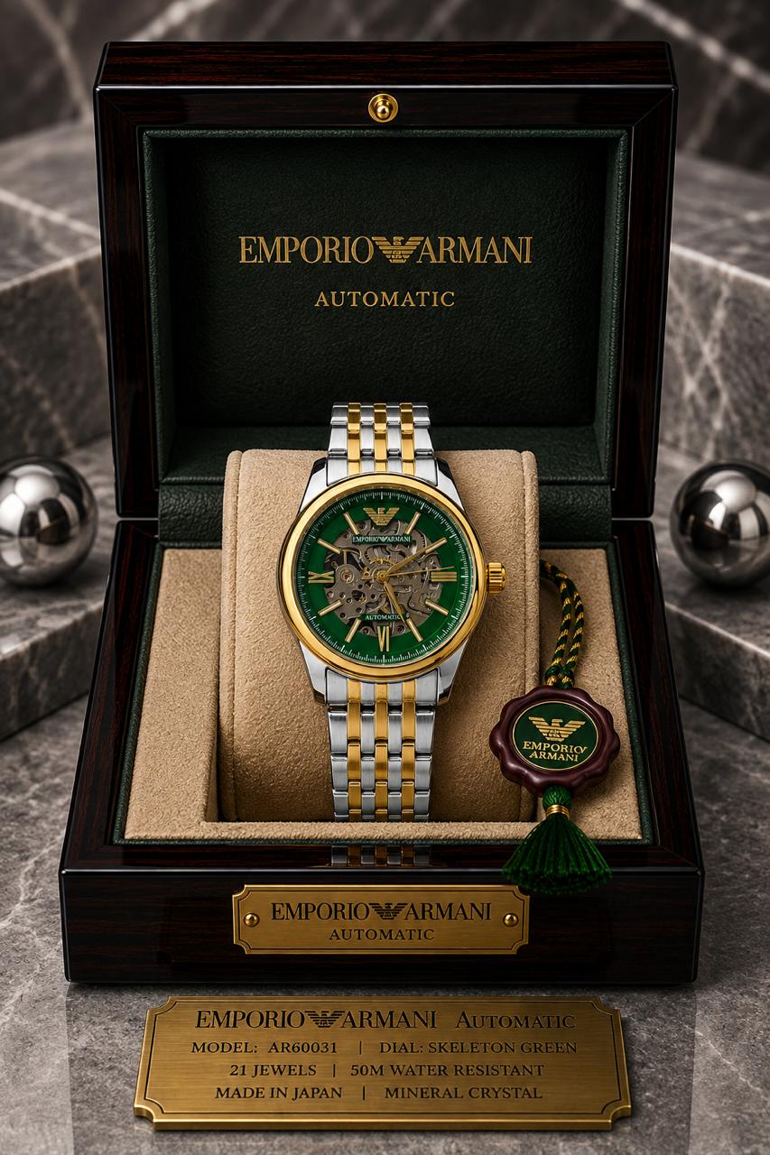 Emporio Armani Automatic Skeleton Green Dial Two-Tone Stainless Steel Watch
