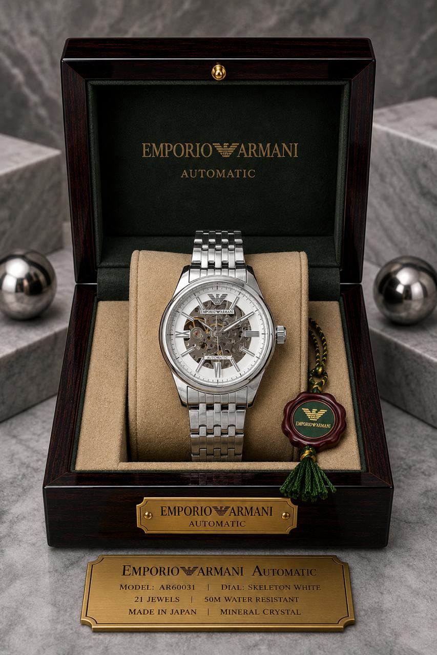 Emporio Armani Automatic Skeleton White Dial Silver Stainless Steel Watch