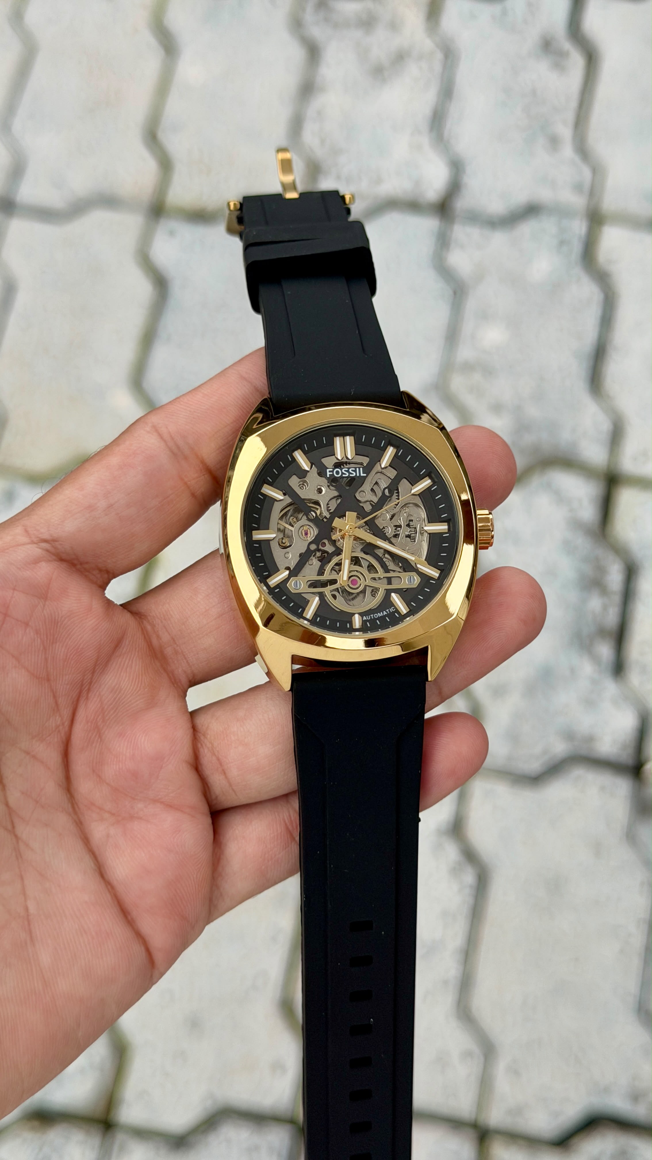 Fossil Automatic Skeleton Black Silicone Strap Watch – Gold Case