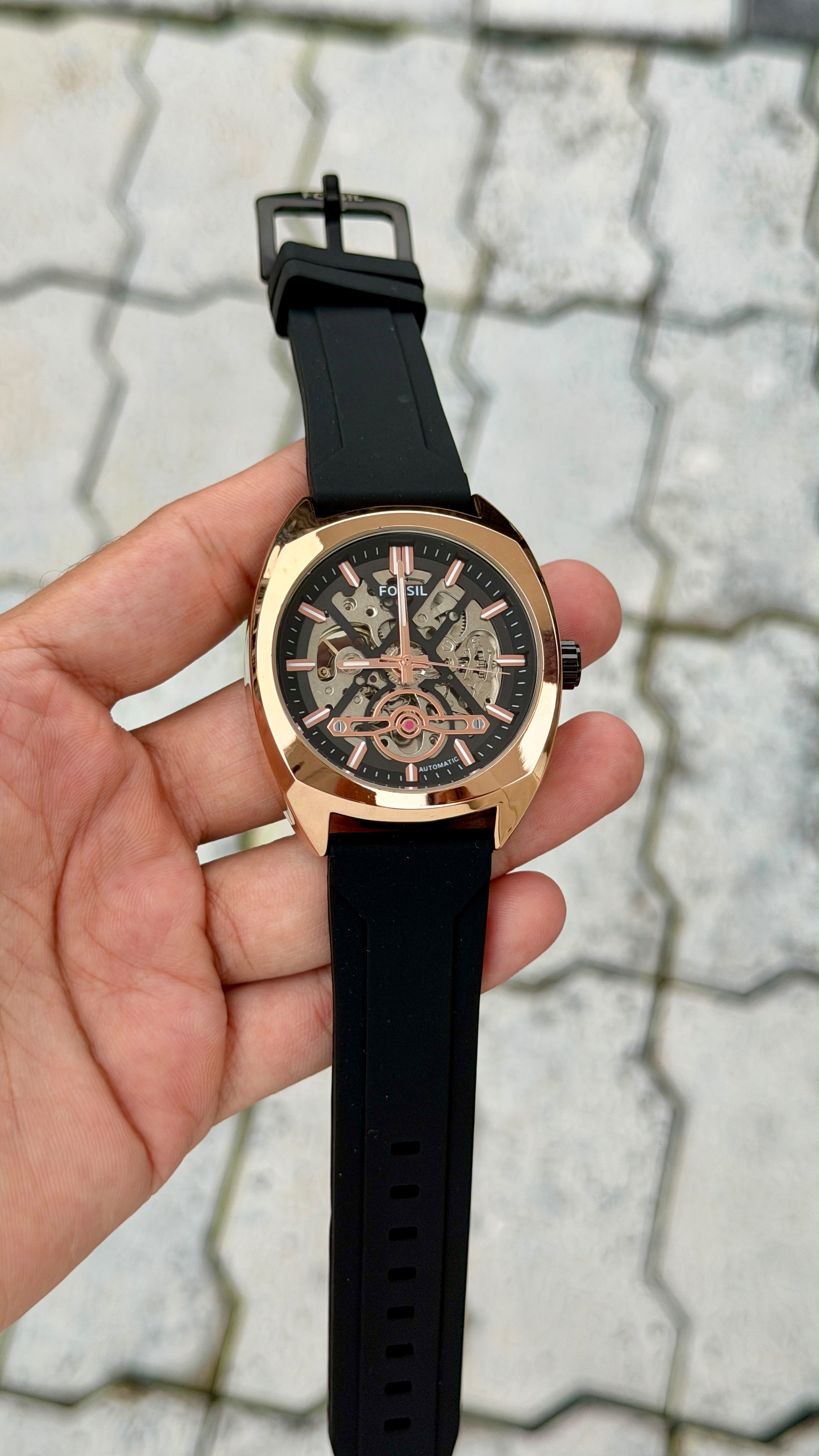 Fossil Automatic Skeleton Black Silicone Strap Watch – Rose Gold Case