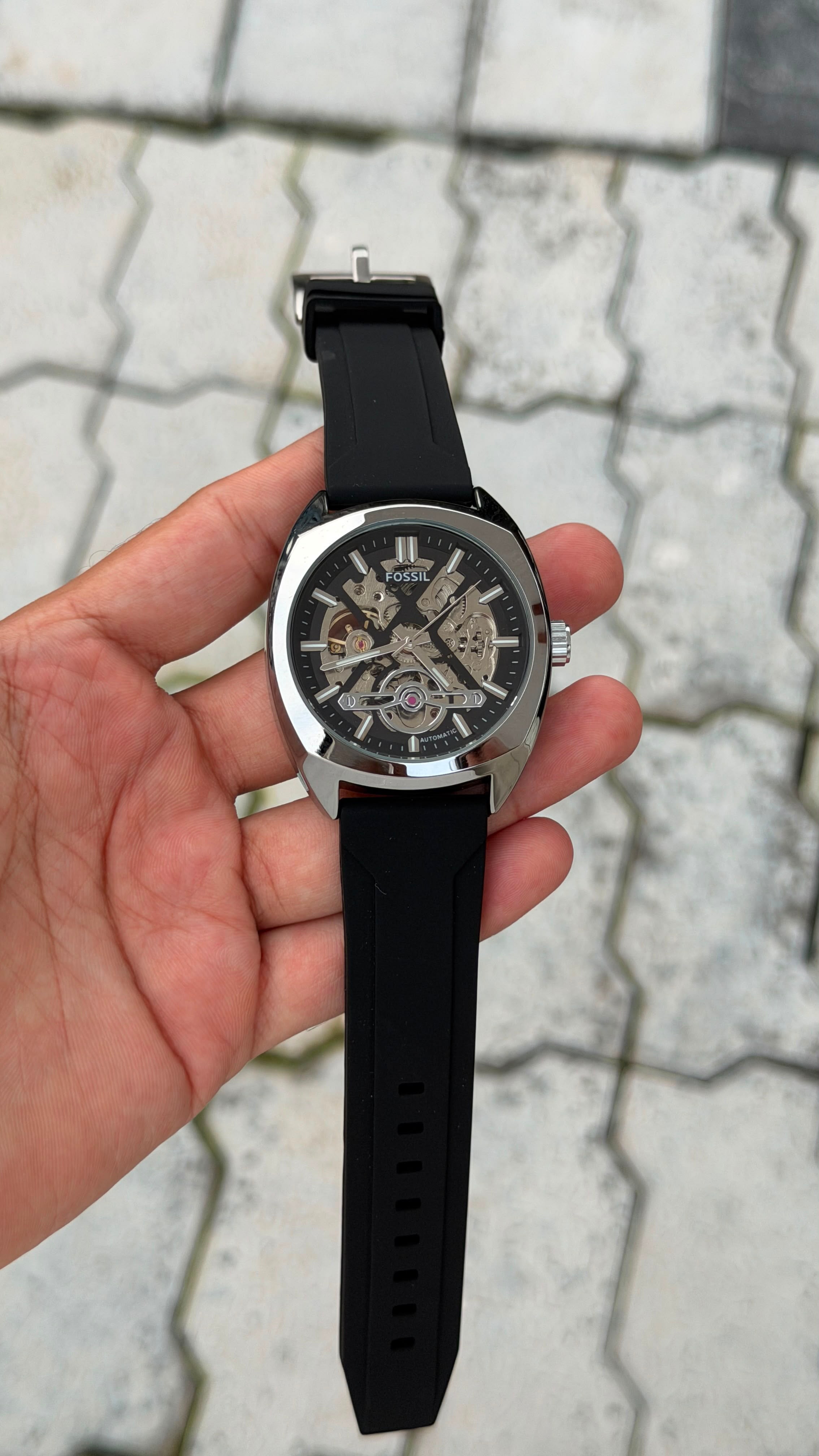 Fossil Automatic Skeleton Black Silicone Strap Watch – Silver Case