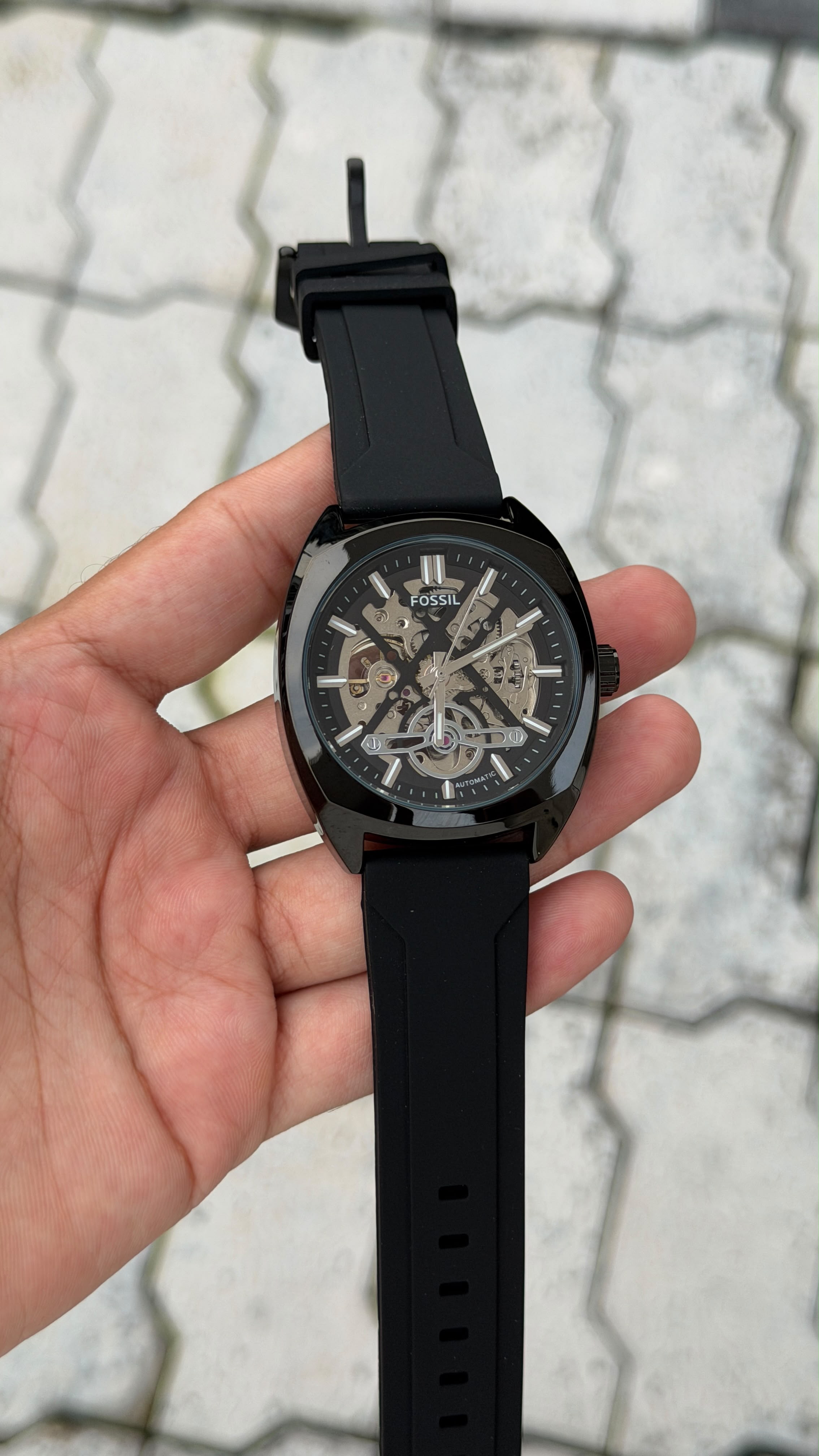 Fossil Automatic Skeleton Black Silicone Strap Watch – Black Case