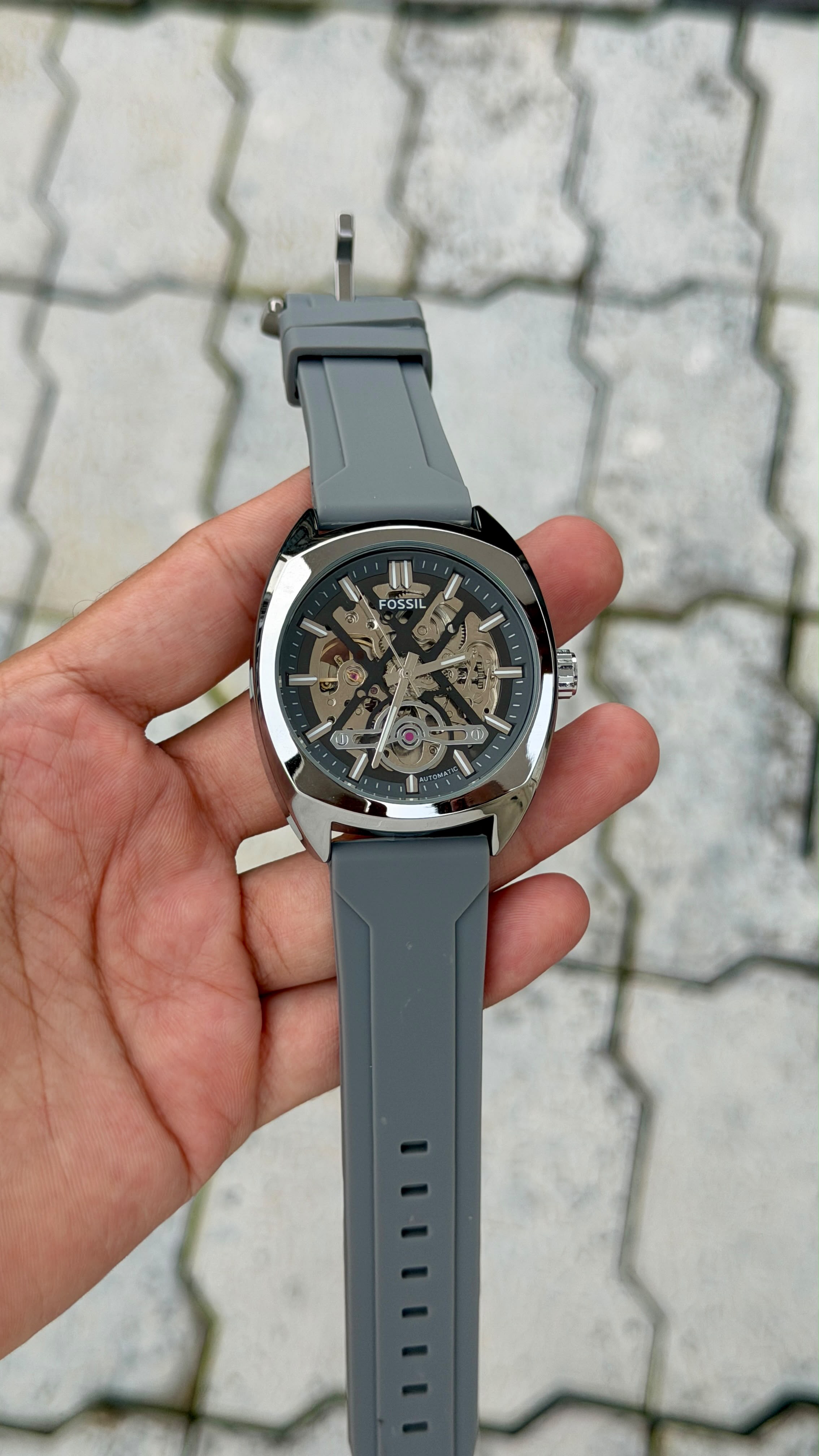 Fossil Automatic Skeleton Grey Silicone Strap Watch – Silver Case