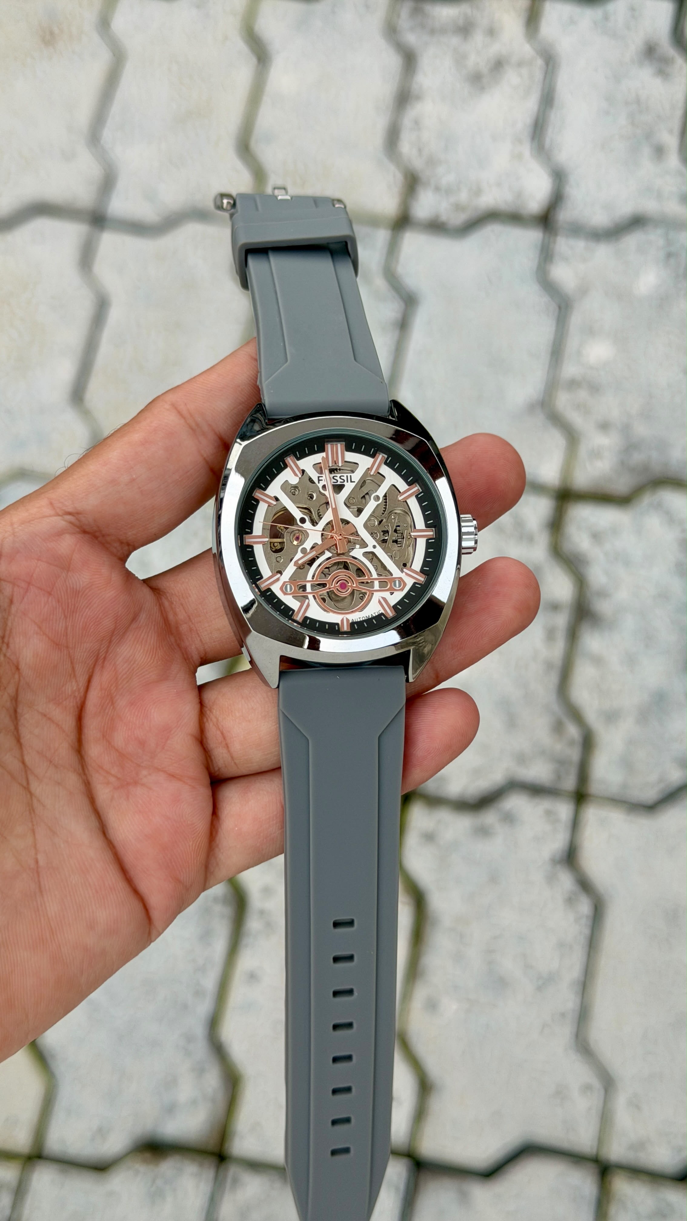 Automatic Skeleton Grey Silicone Strap Watch – Silver Case Rose Gold Accents