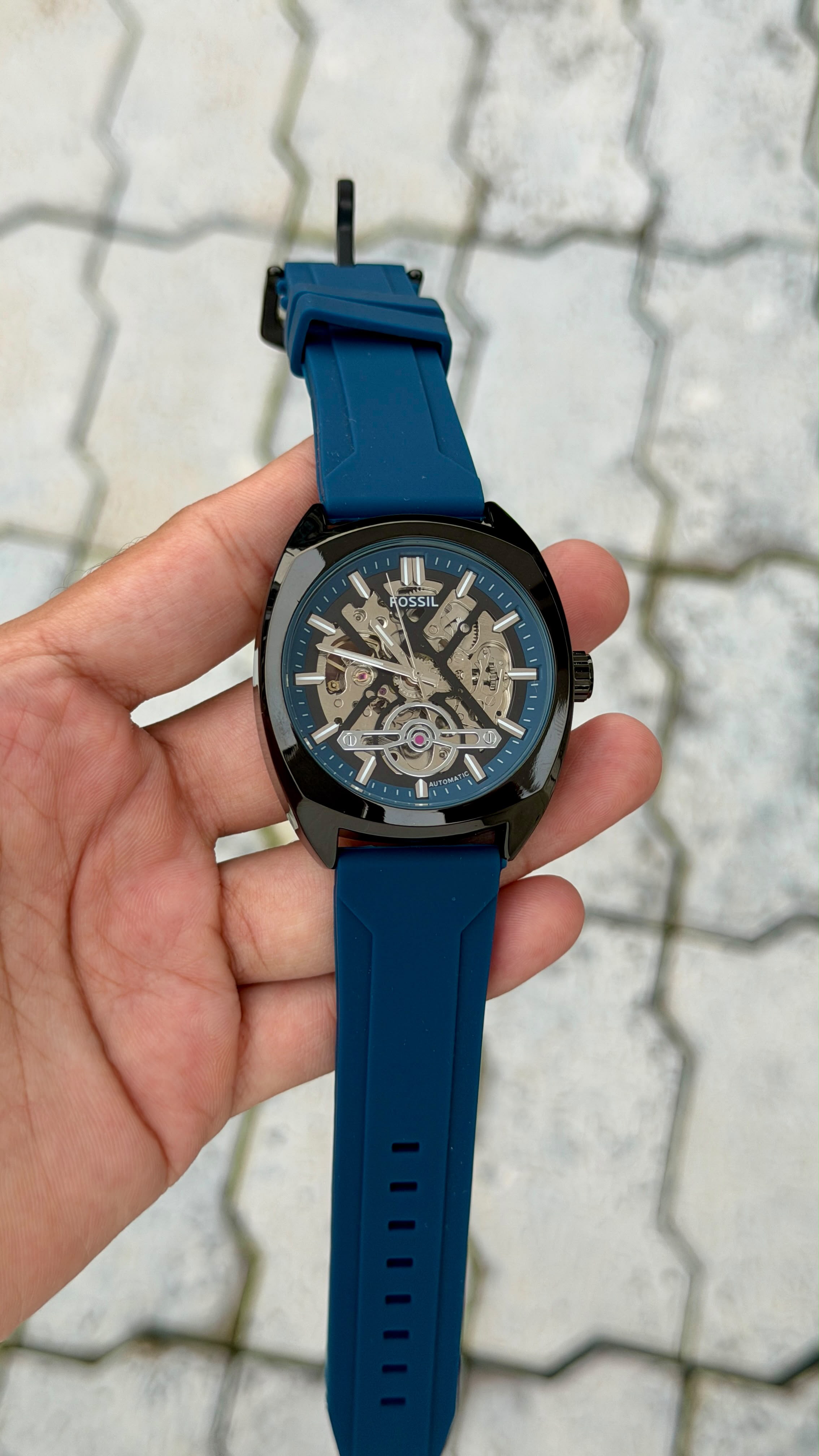 Fossil Automatic Skeleton Blue Silicone Strap Watch – Black Case