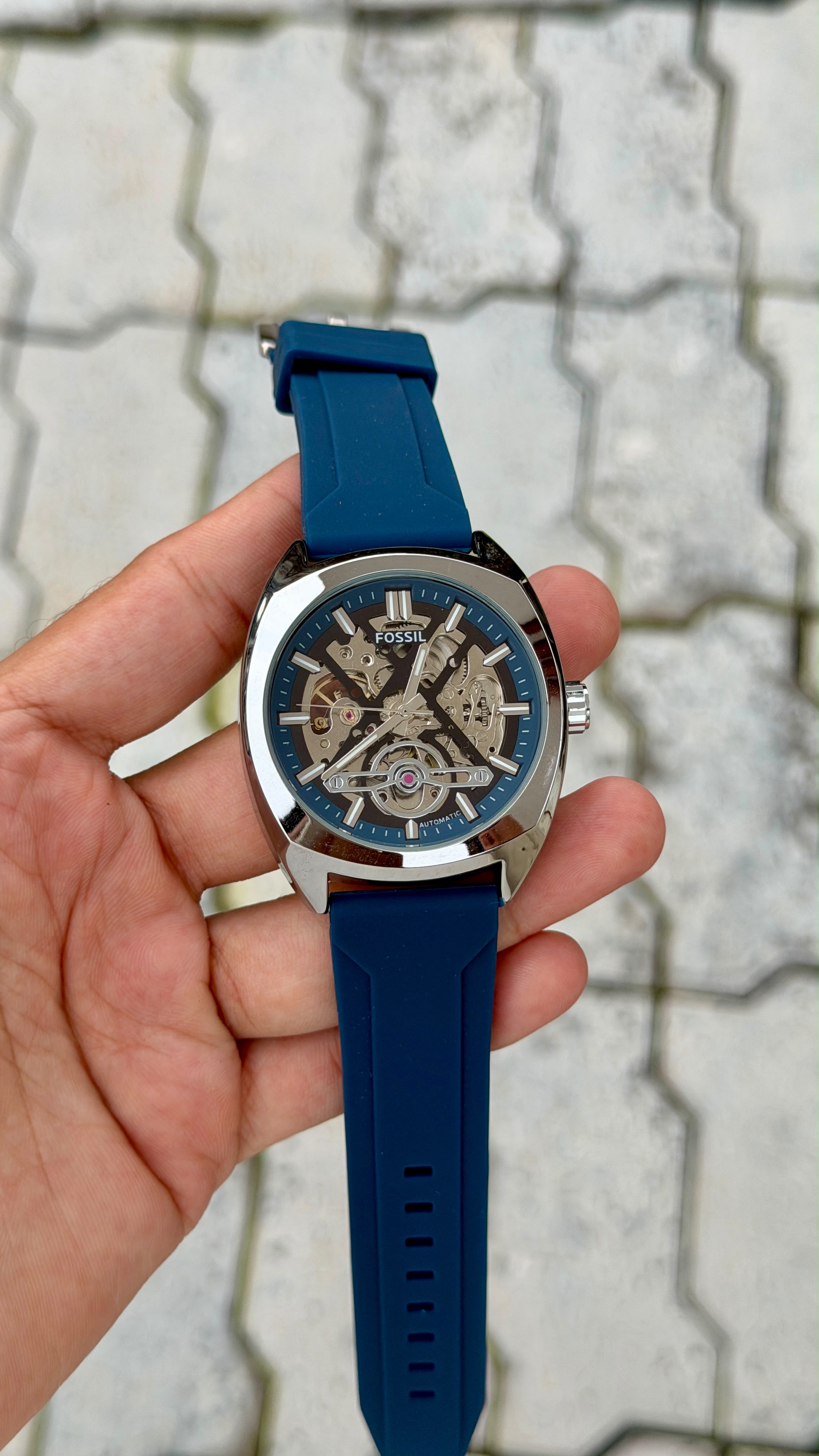 Fossil Automatic Skeleton Blue Silicone Strap Watch – Silver Case