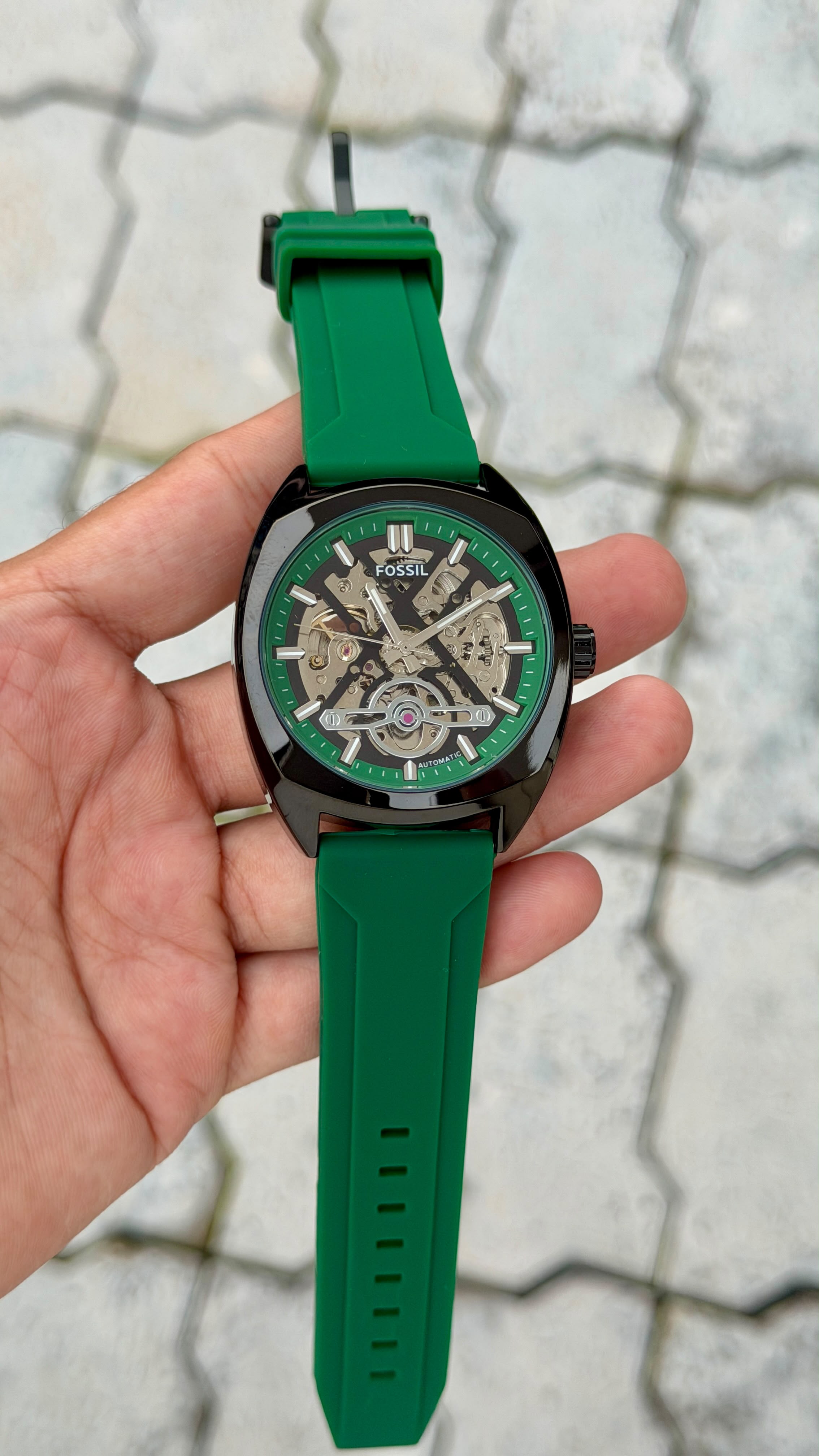 Fossil Automatic Skeleton Green Silicone Strap Watch – Black Case