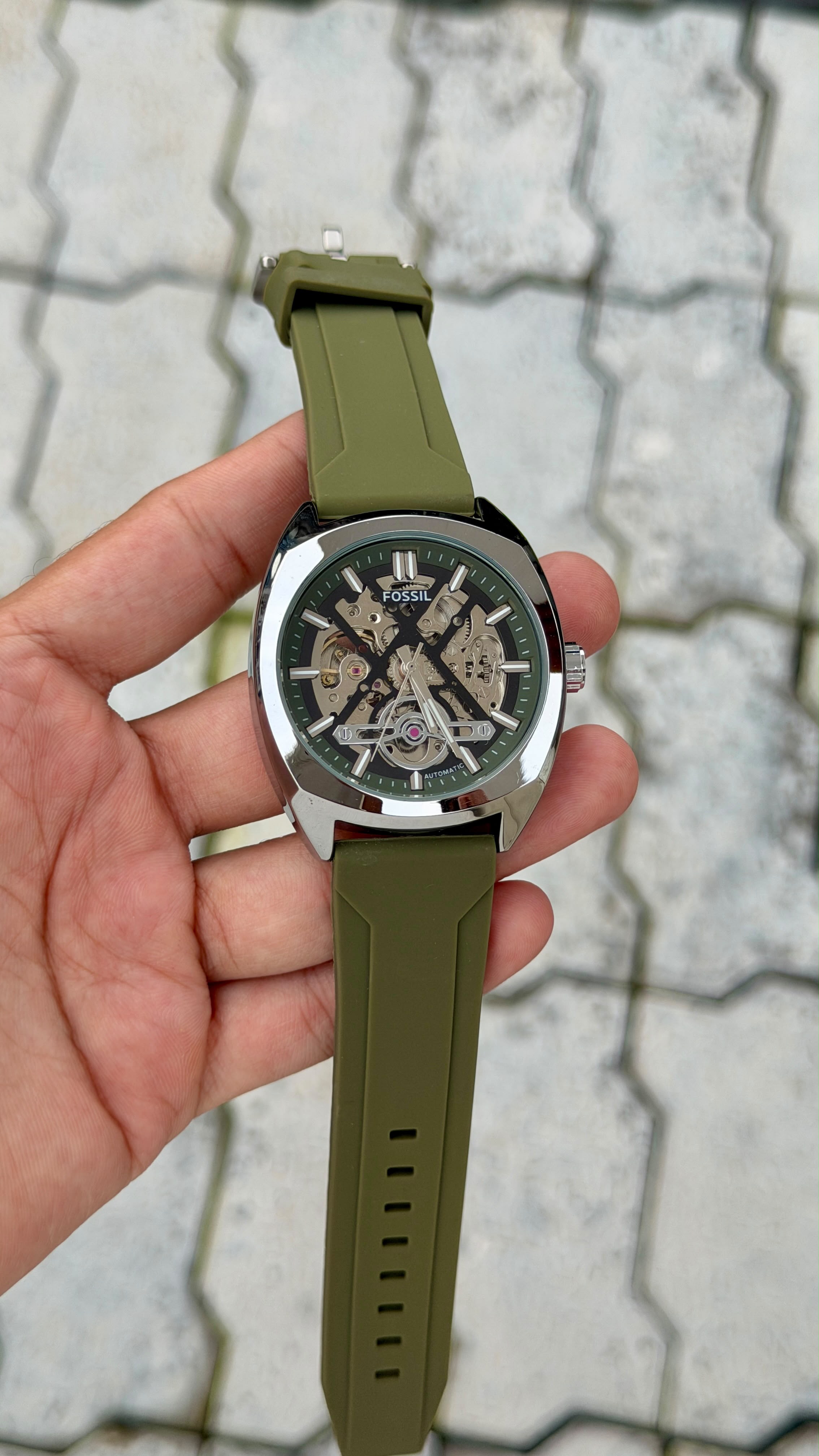 Fossil Automatic Skeleton Olive Silicone Strap Watch – Silver Case
