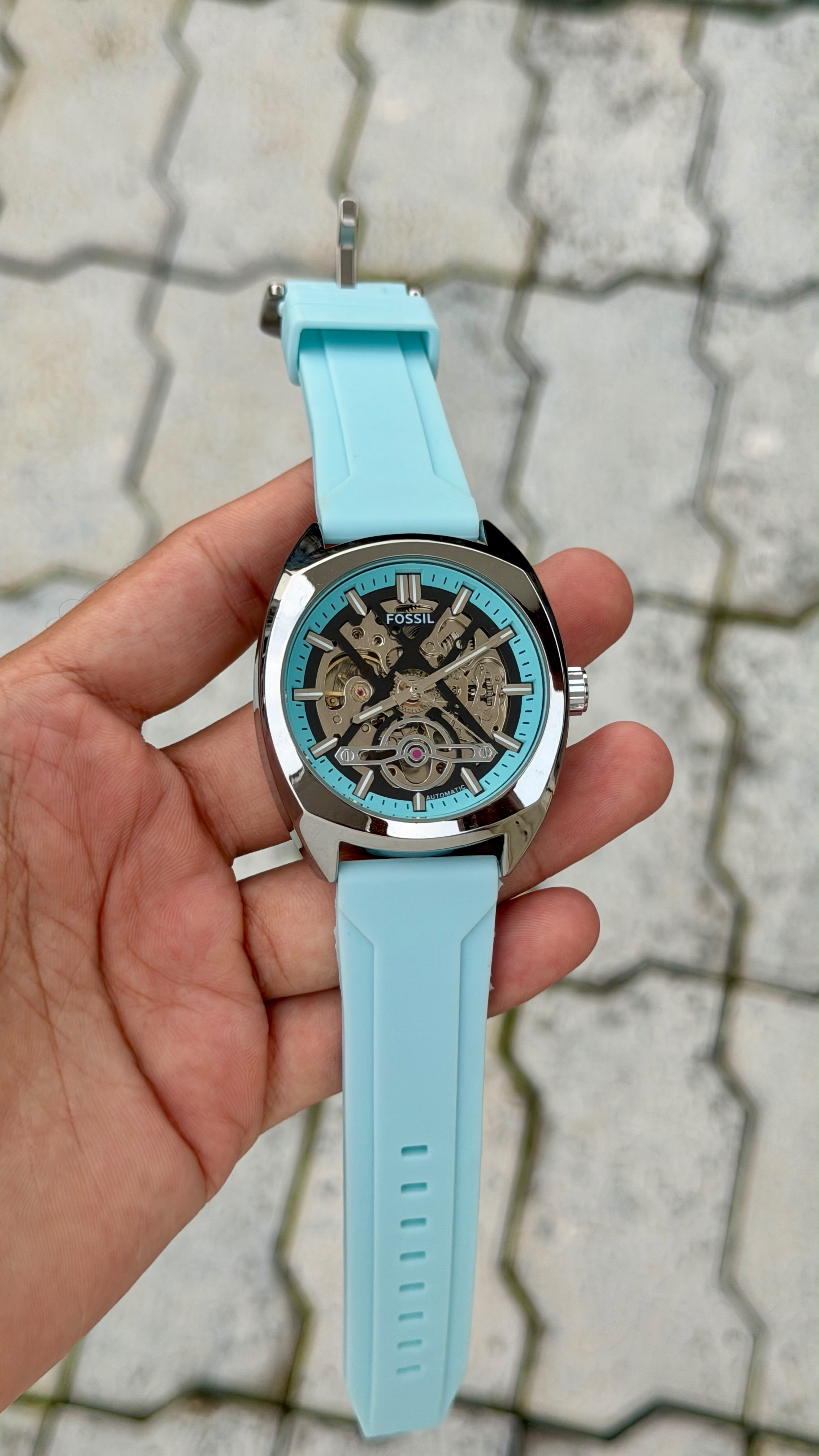 Fossil Automatic Skeleton Light Blue Silicone Strap Watch – Silver Case