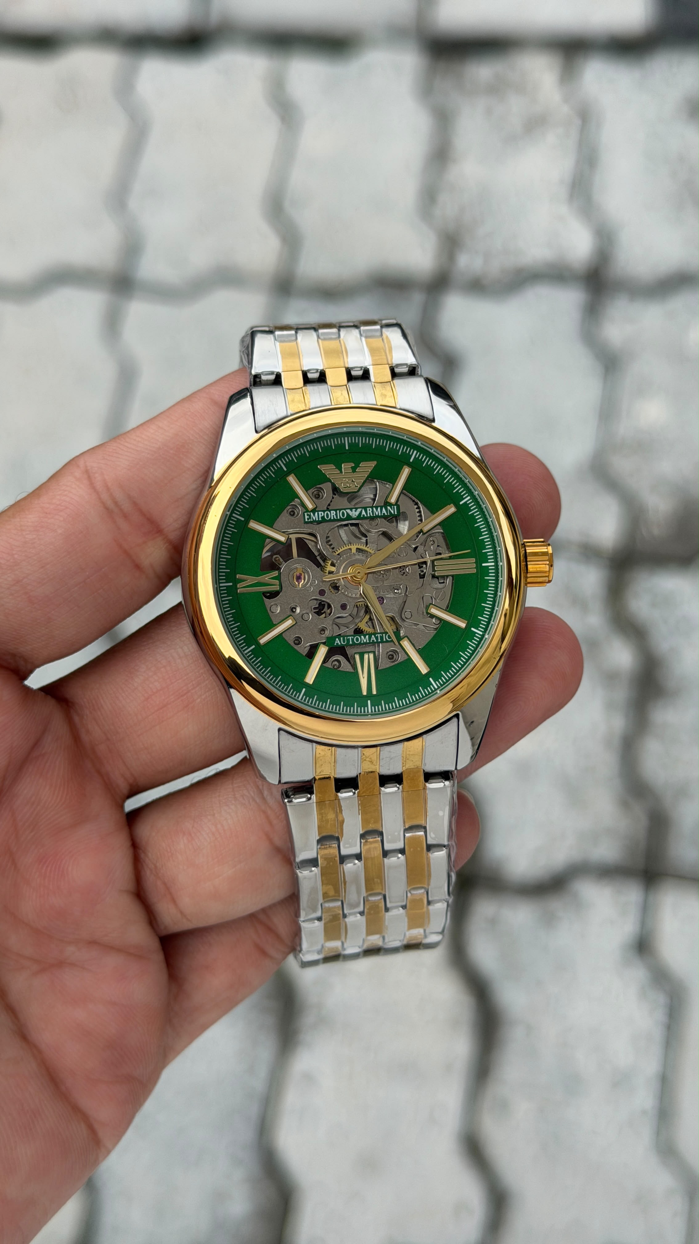 Emporio Armani Automatic Green Skeleton Two-Tone Watch