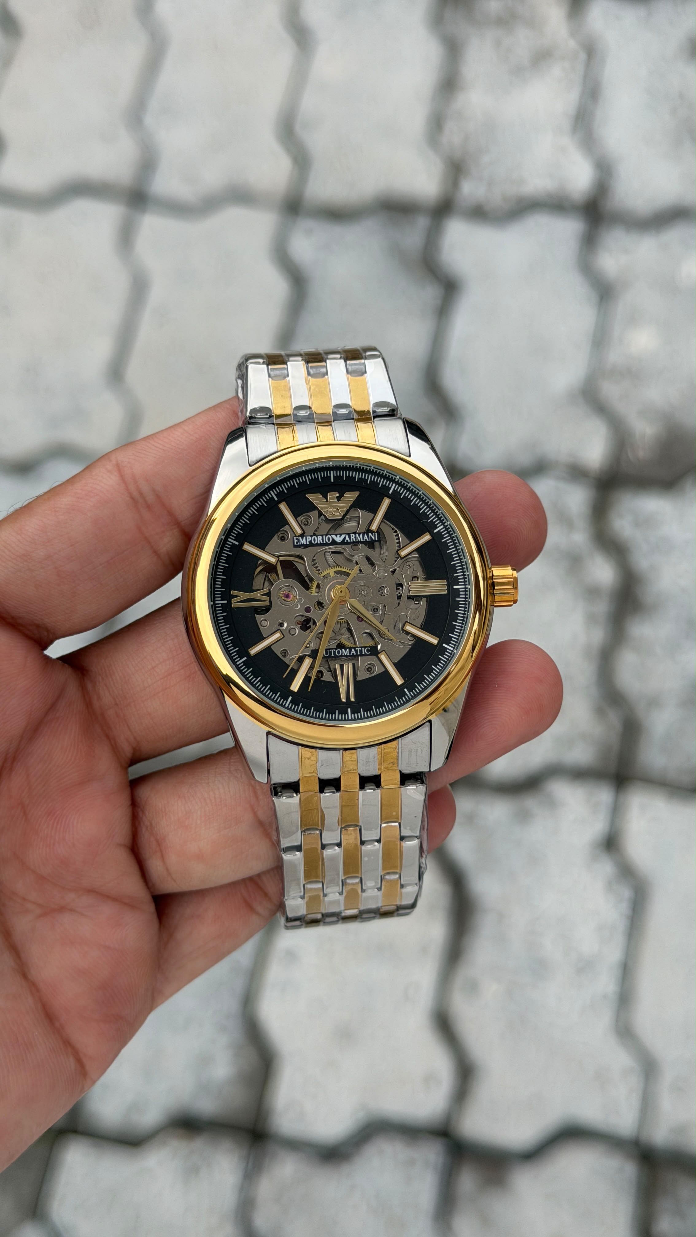 Emporio Armani Automatic Black Skeleton Two-Tone Watch