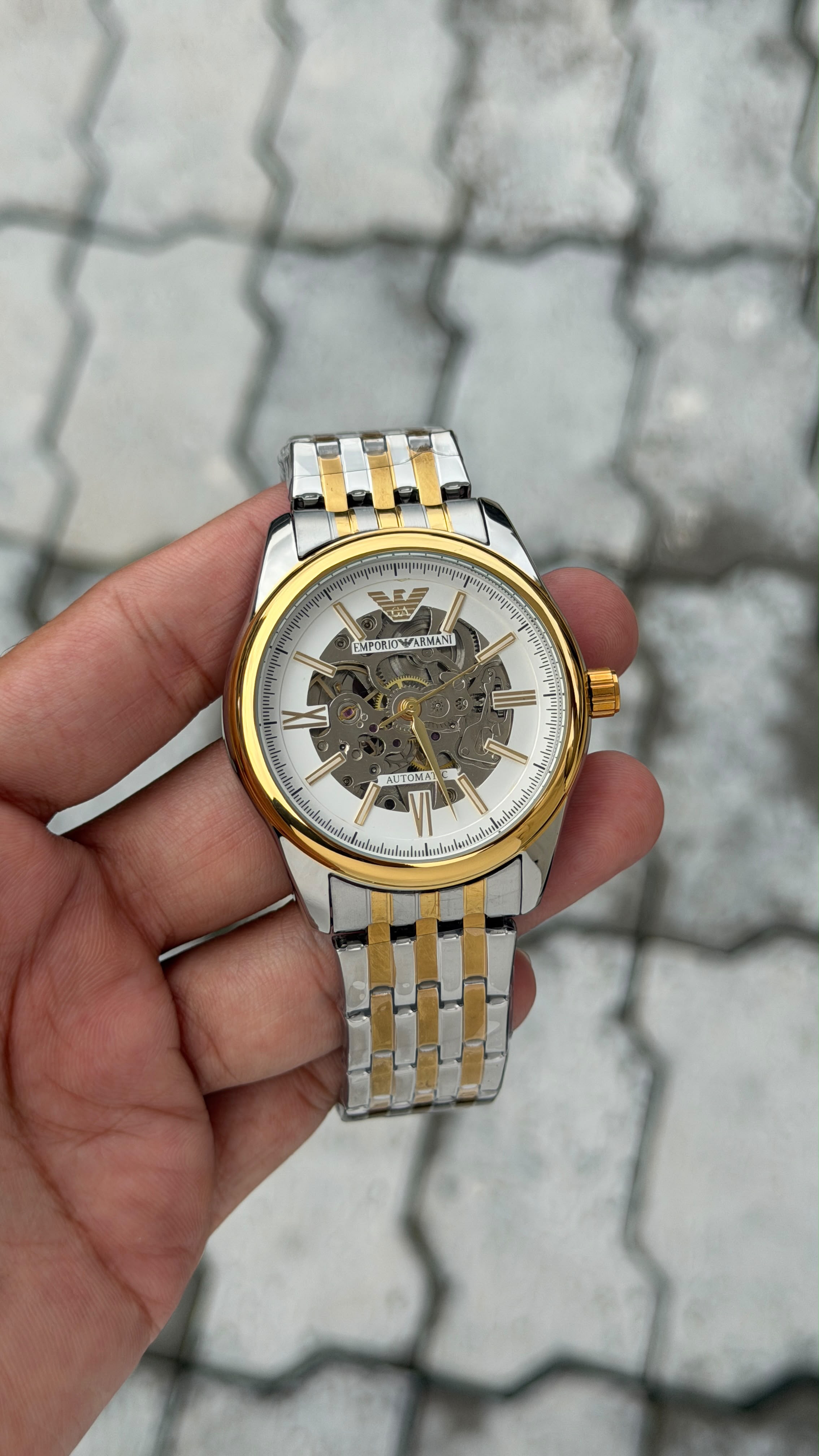 Emporio Armani Automatic White Skeleton Two-Tone Watch