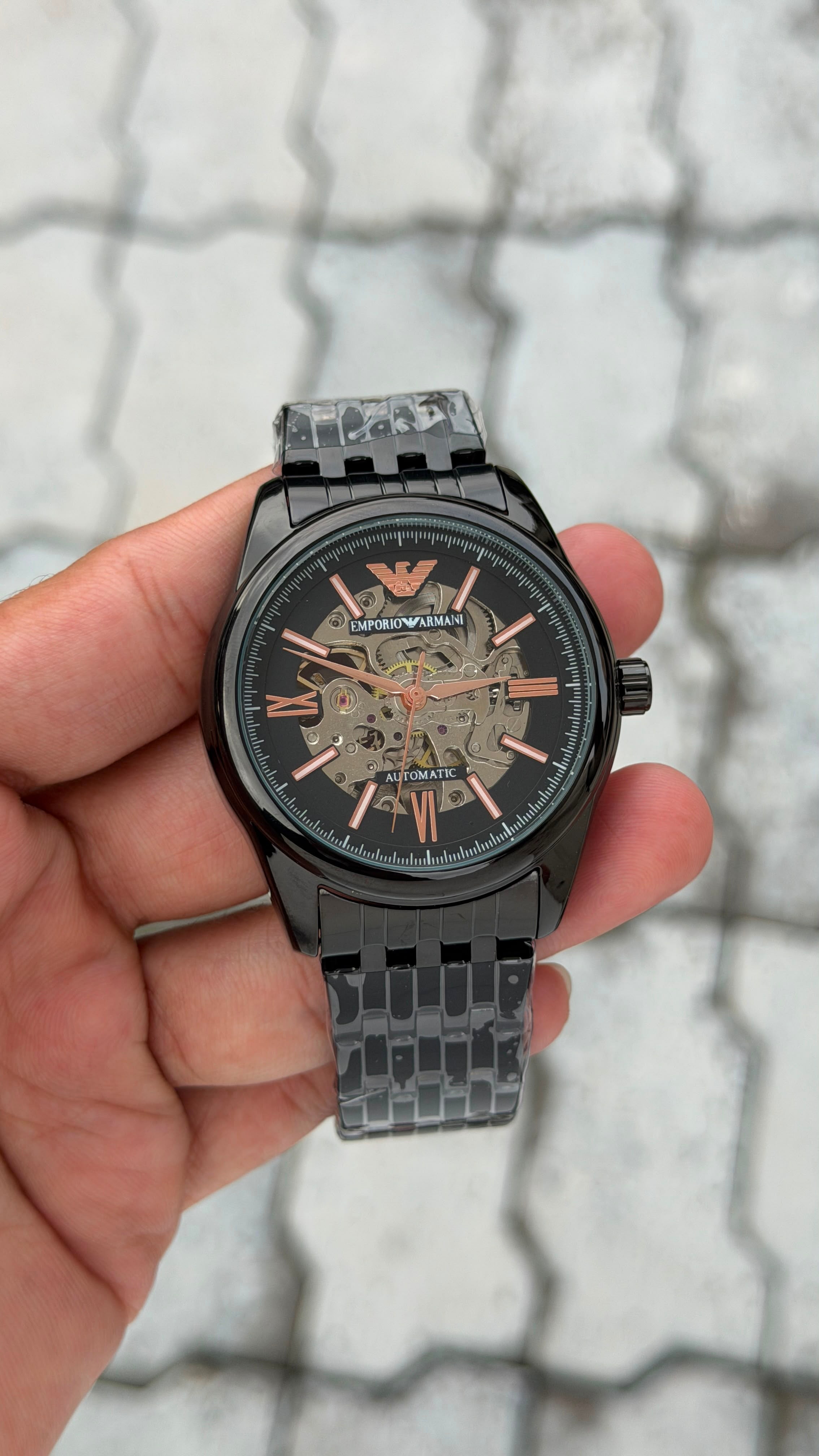 Emporio Armani Automatic Black Skeleton Rose Gold-Tone Watch