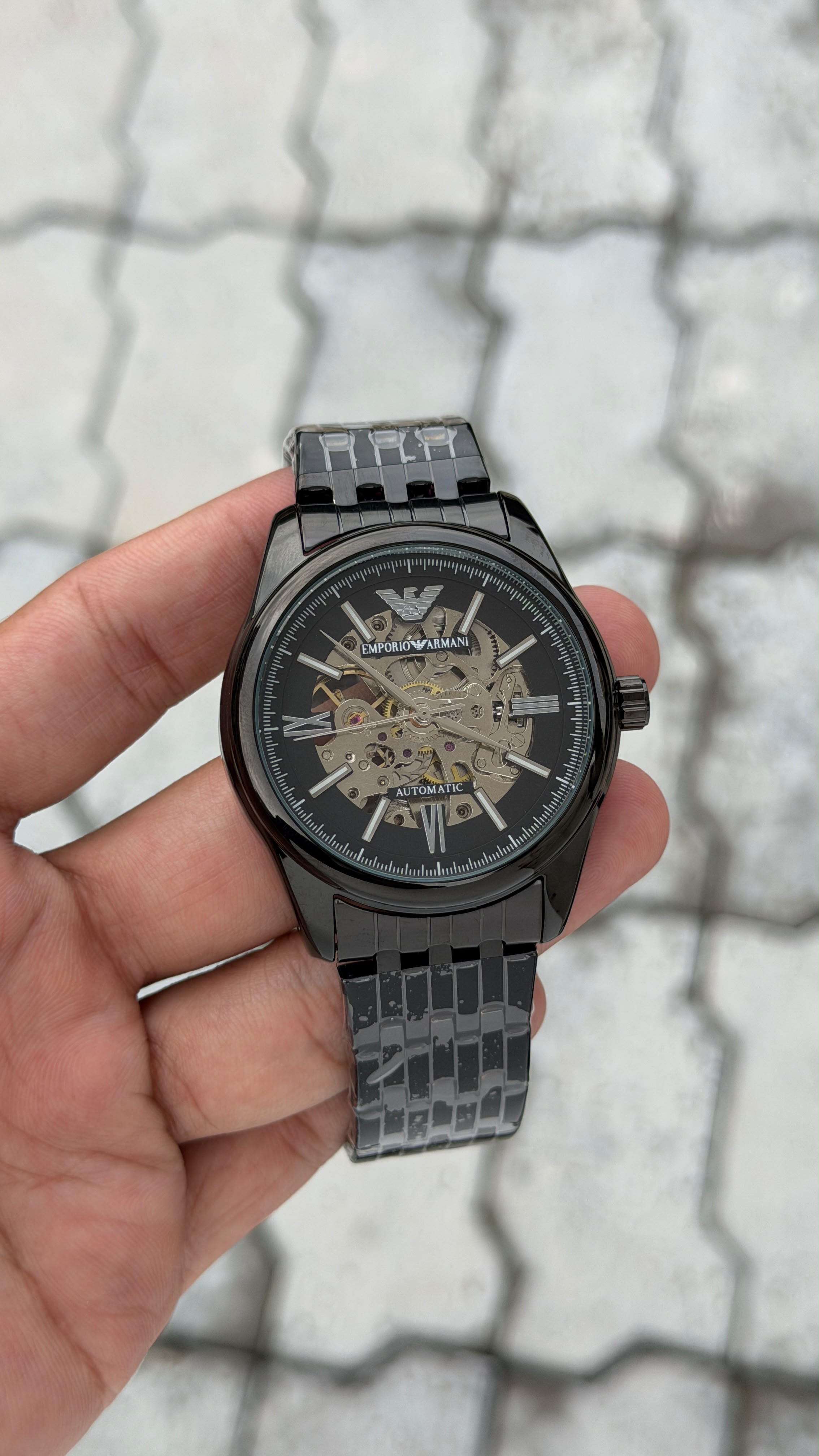 Emporio Armani Automatic Black Skeleton Silver-Tone Watch