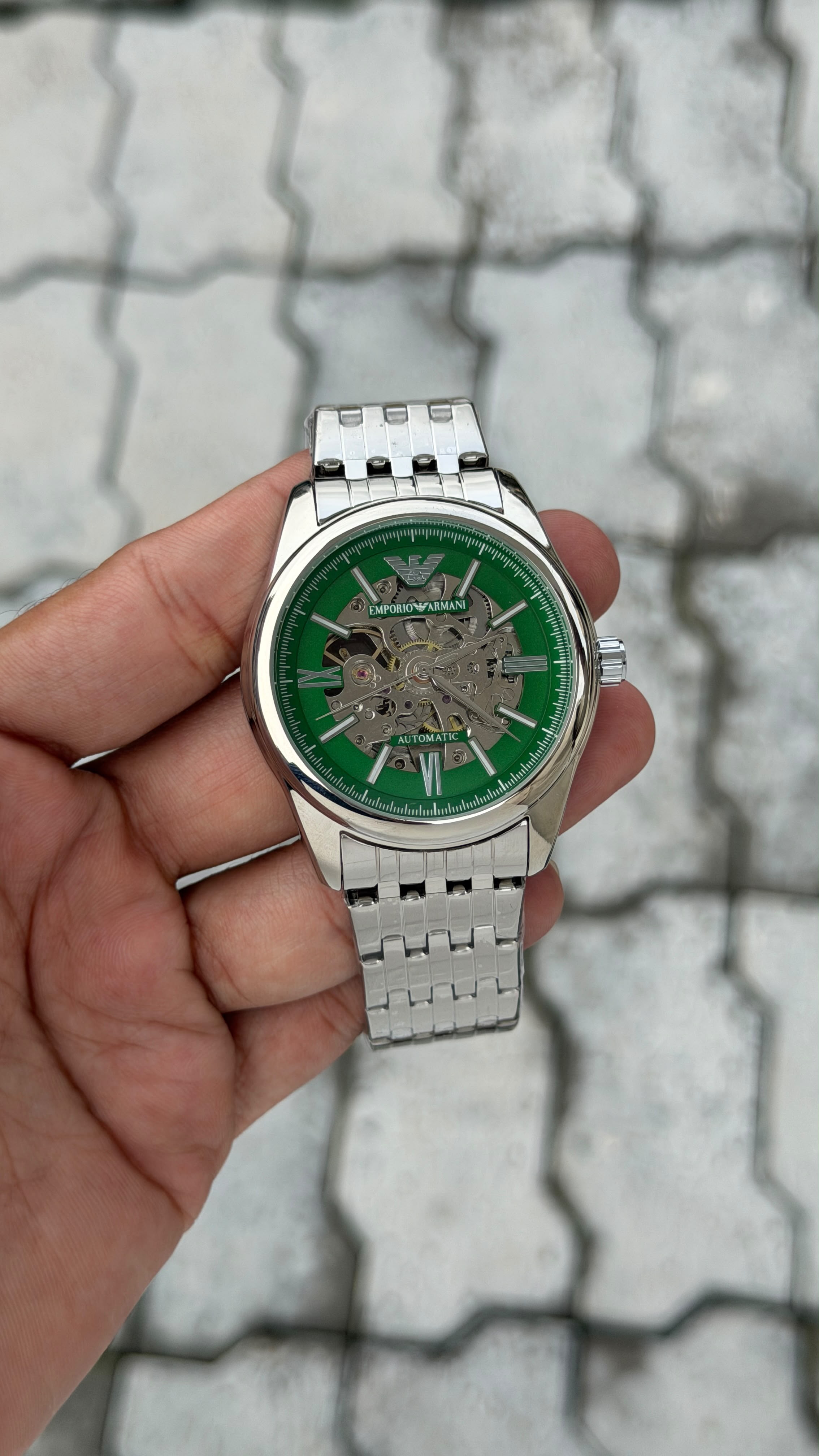 Emporio Armani Automatic Skeleton Green Dial Stainless Steel Watch
