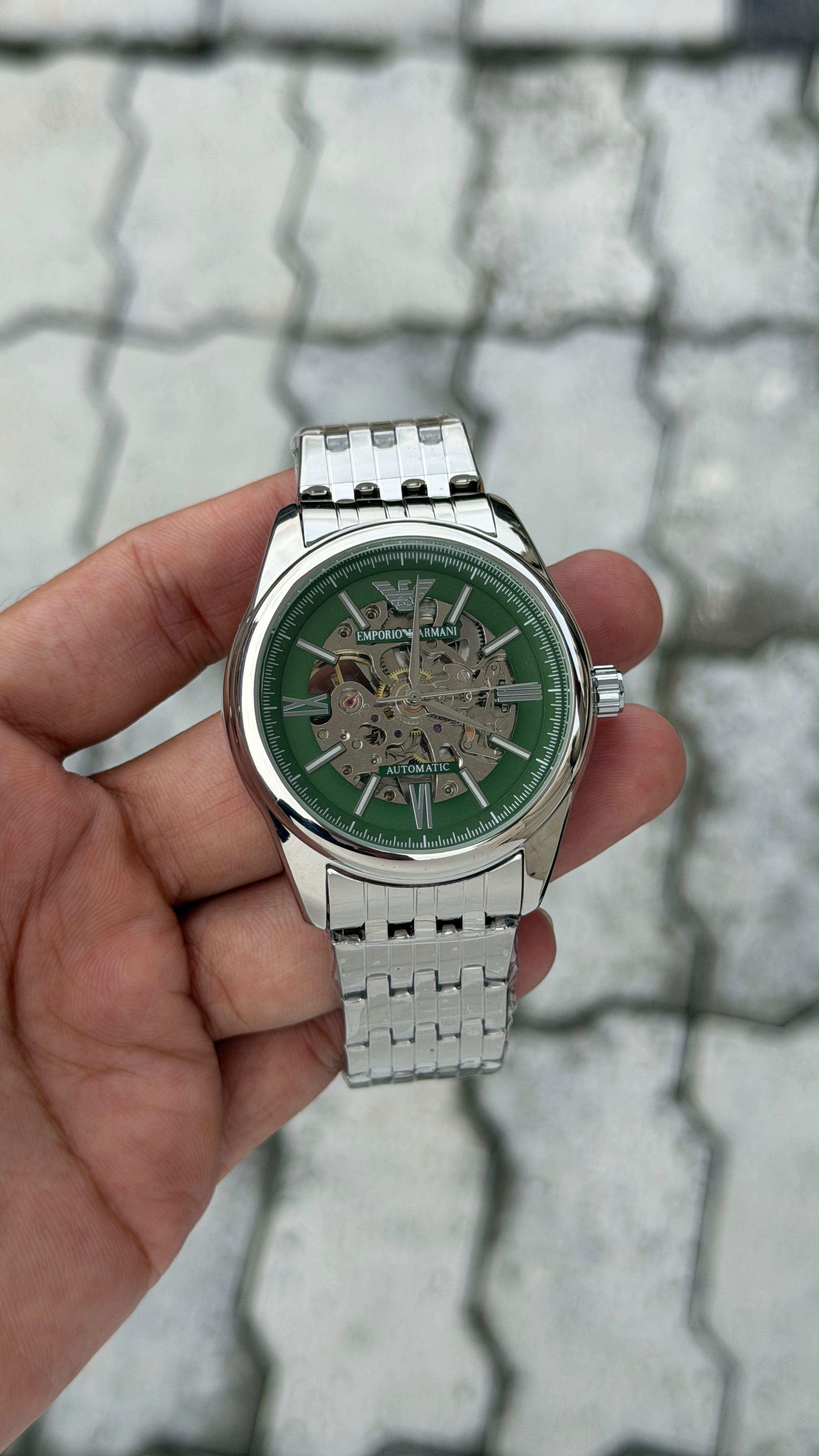 Emporio Armani Automatic Skeleton Dark Green Dial Stainless Steel Watch