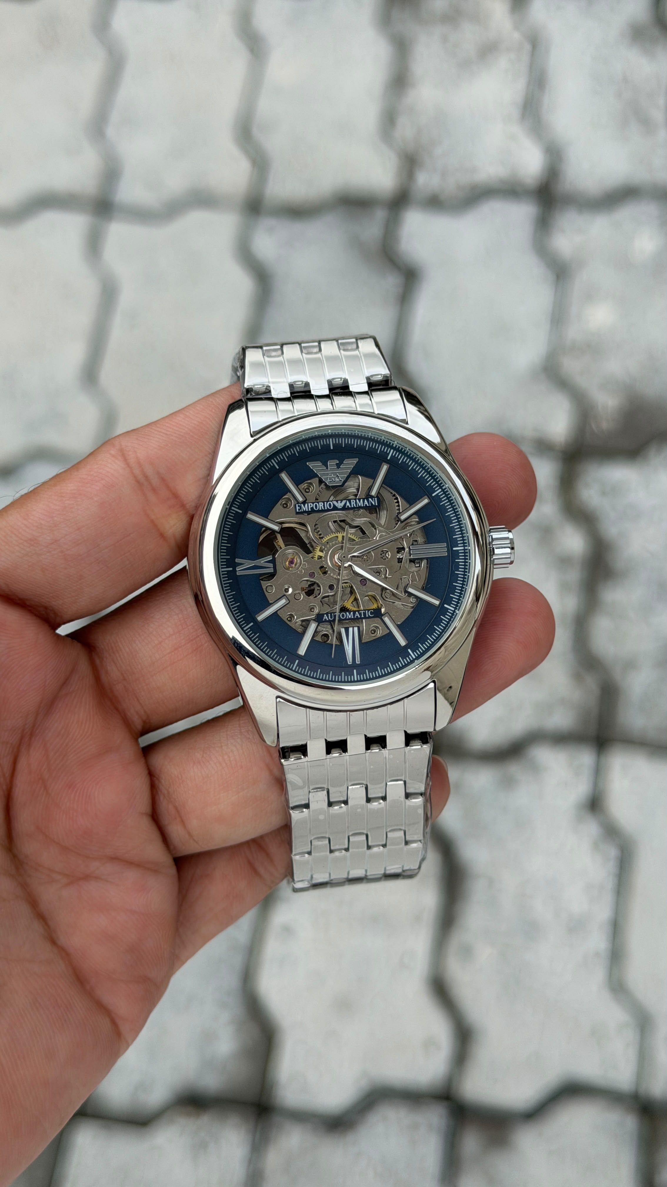 Emporio Armani Automatic Skeleton Blue Dial Stainless Steel Watch