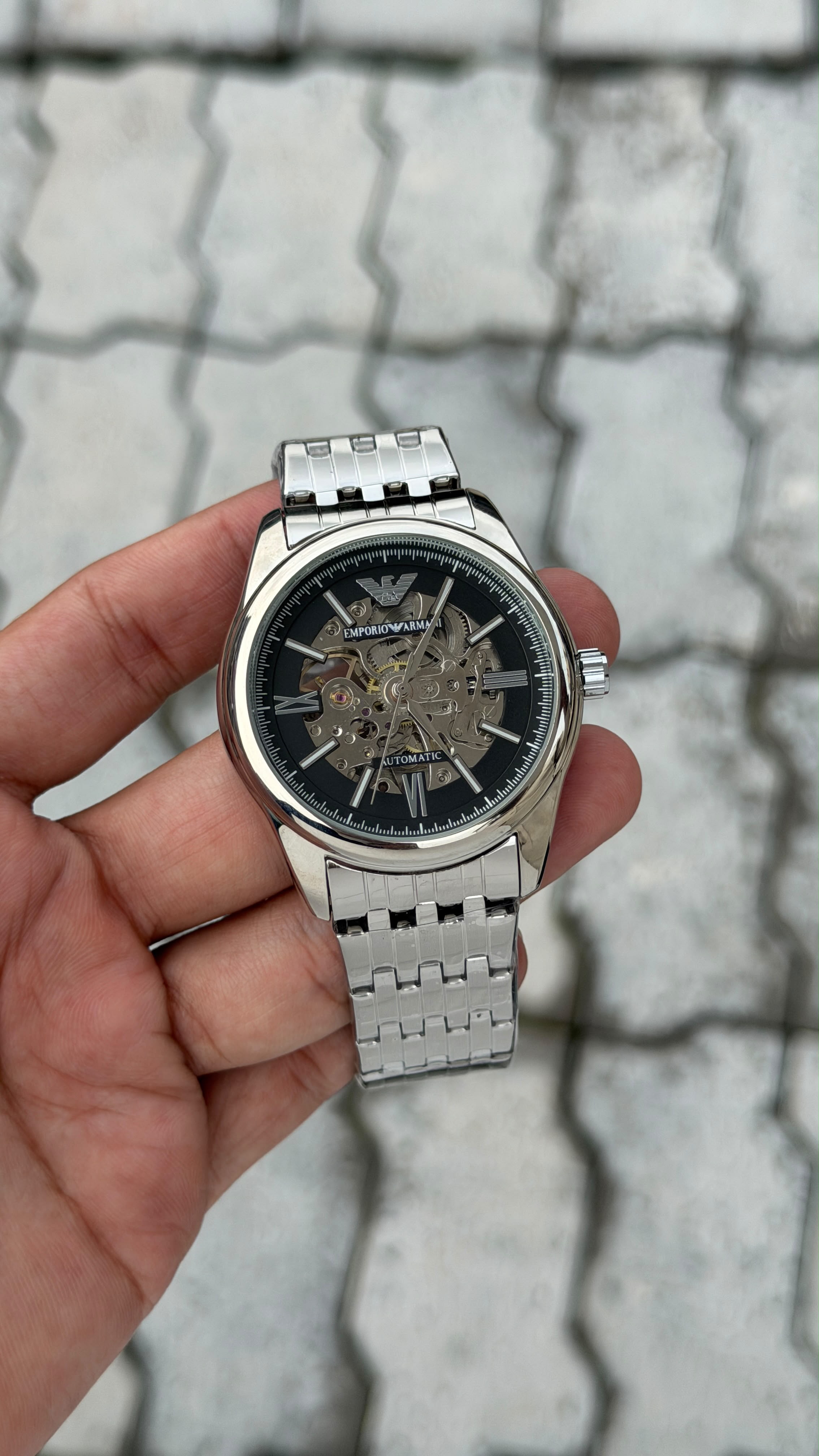 Emporio Armani Automatic Skeleton Black Dial Black Stainless Steel Watch