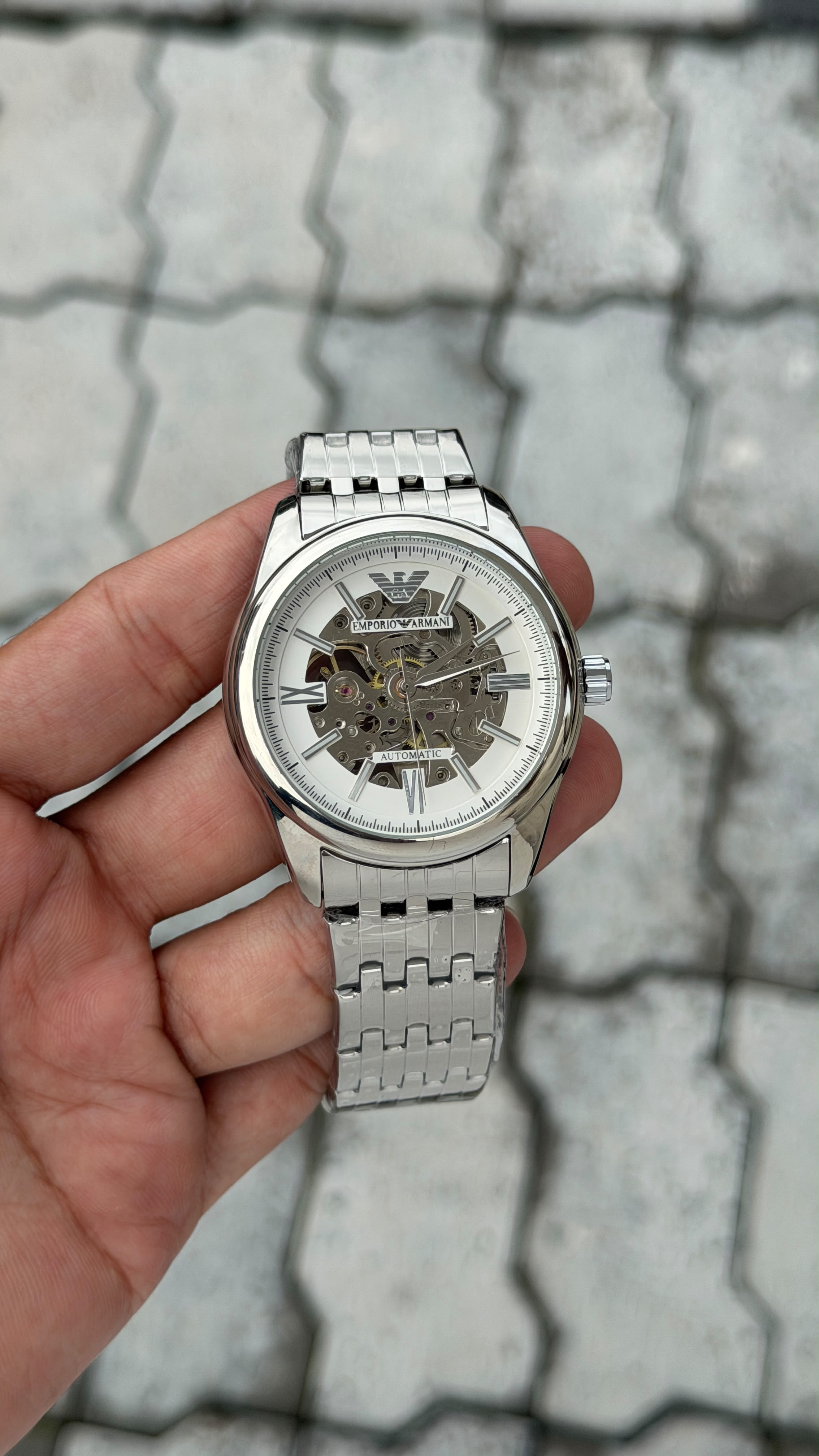 Emporio Armani Automatic Skeleton White Dial Stainless Steel Watch