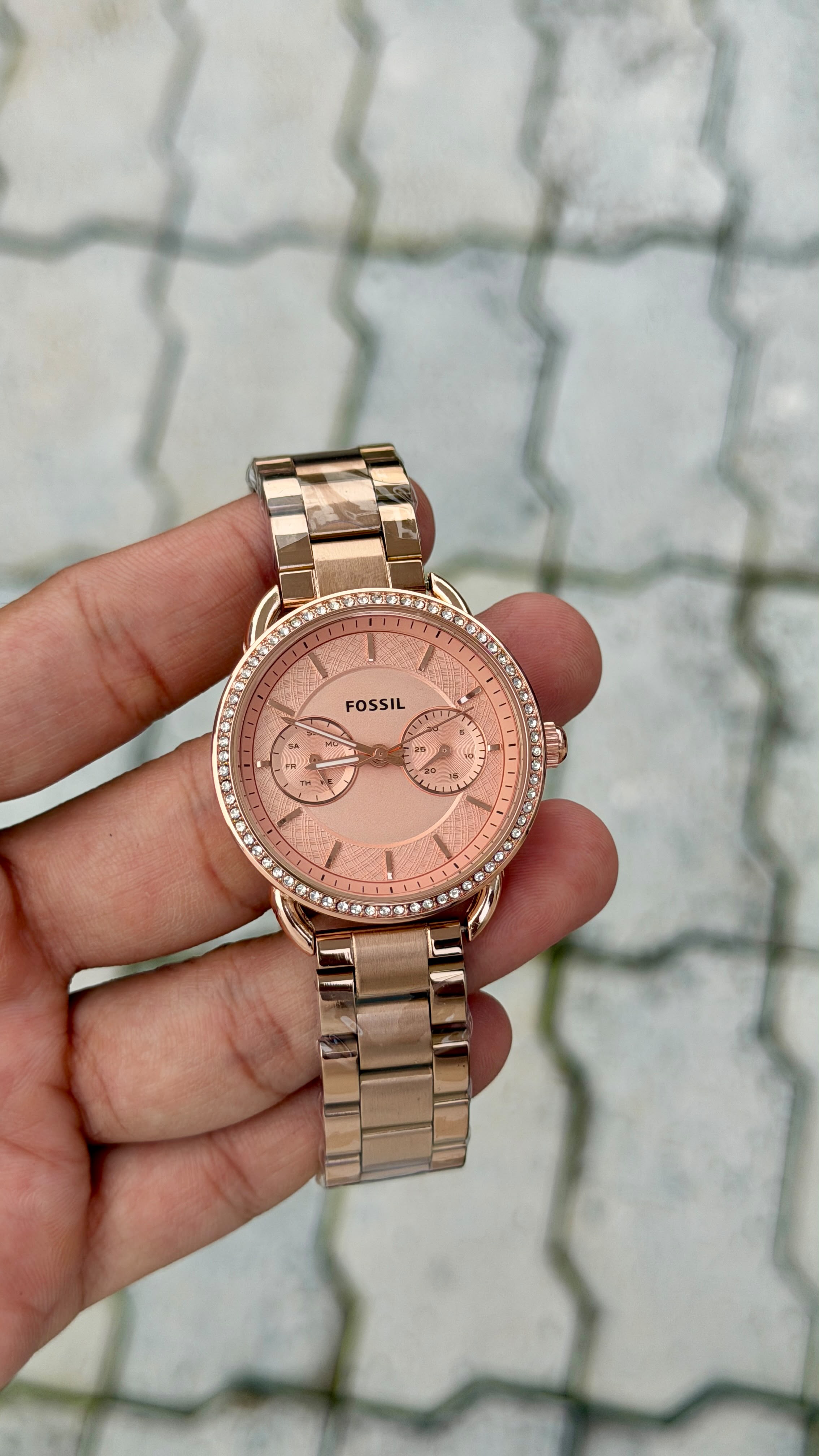 Fossil Women's Rose Gold Multifunction Crystal Bezel Pink Dial Watch