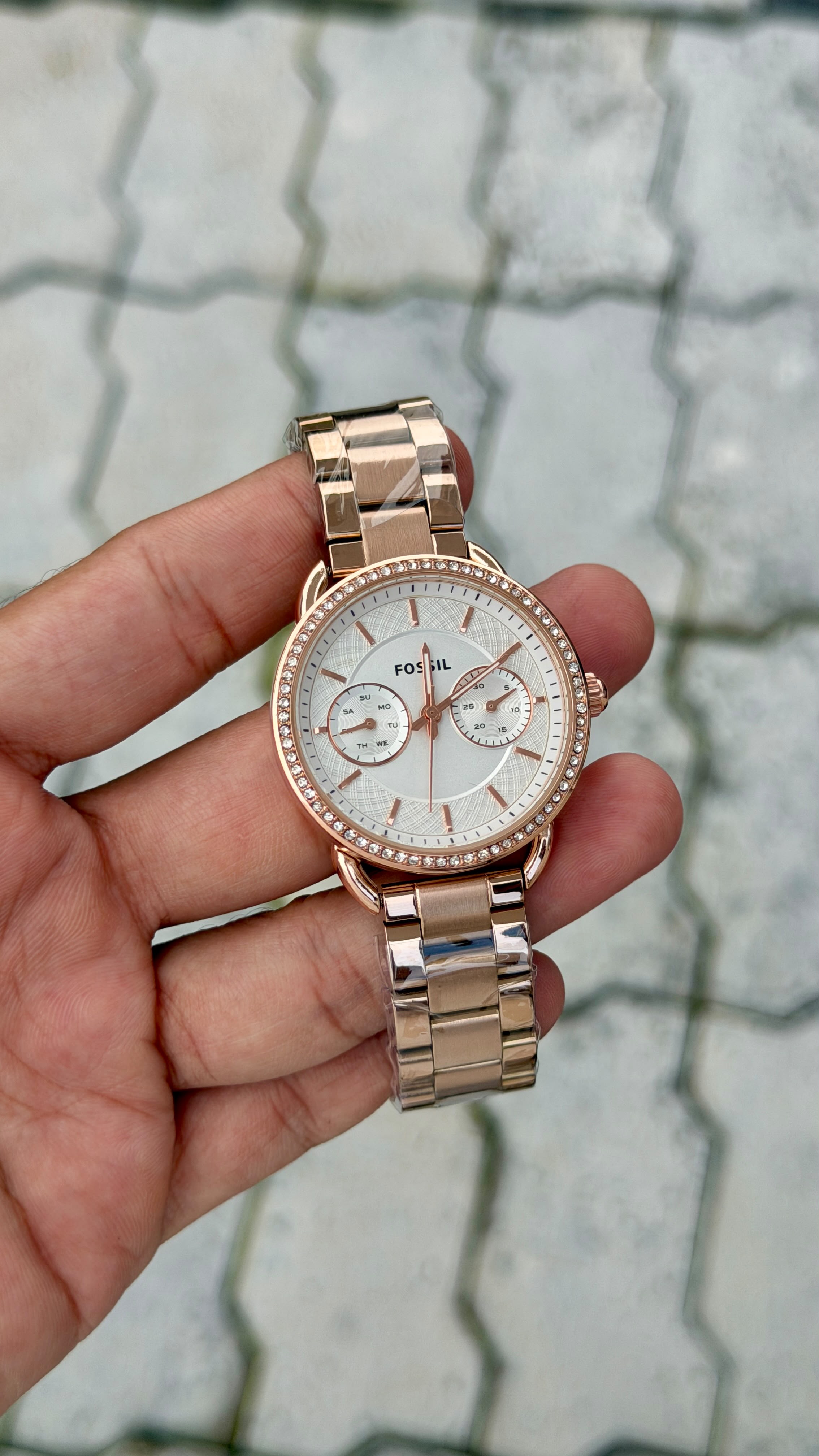 Fossil Women's Rose Gold Multifunction Crystal Bezel White Dial Watch