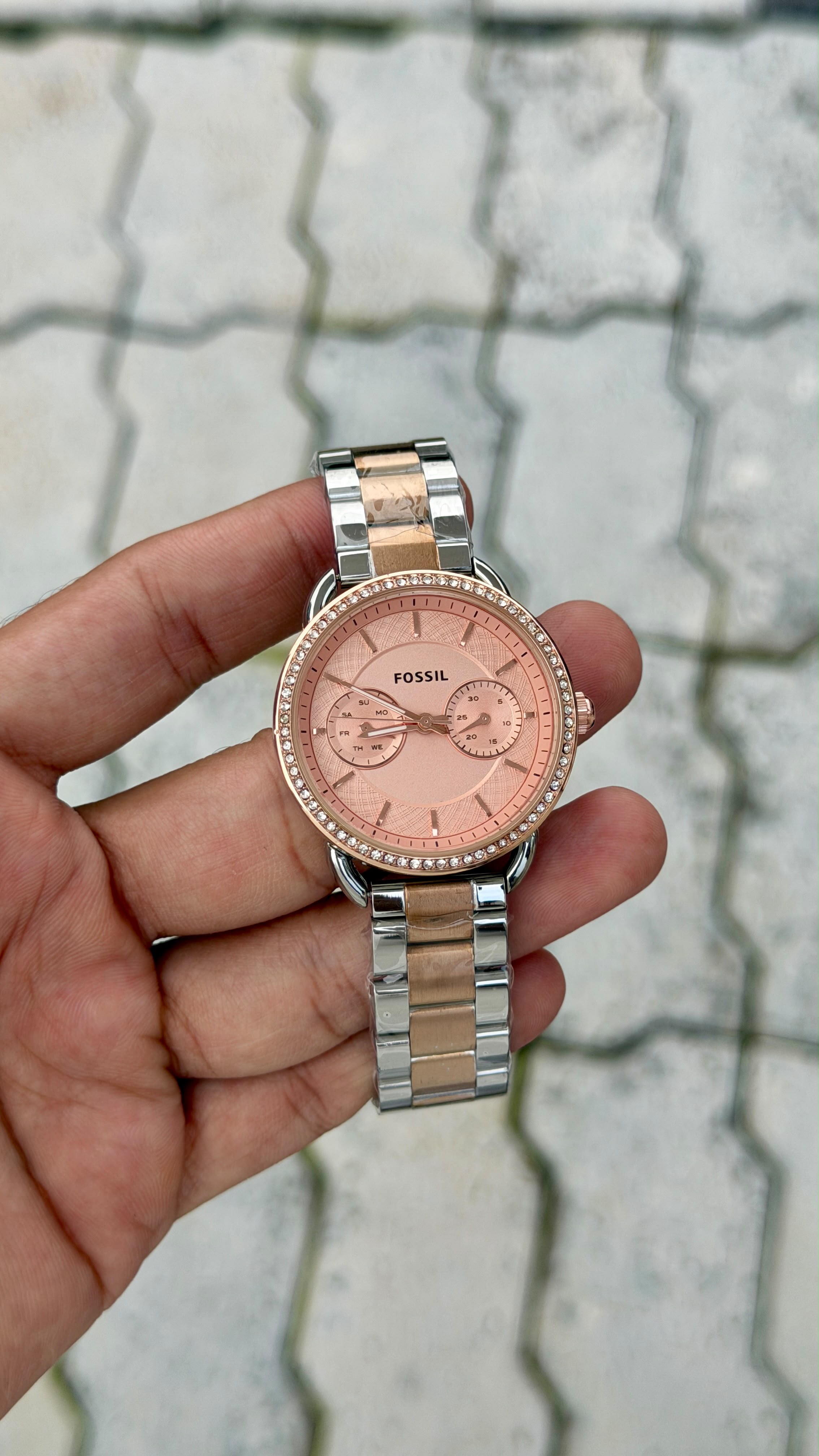 Fossil Women's Two-Tone Multifunction Crystal Bezel Pink Dial Watch