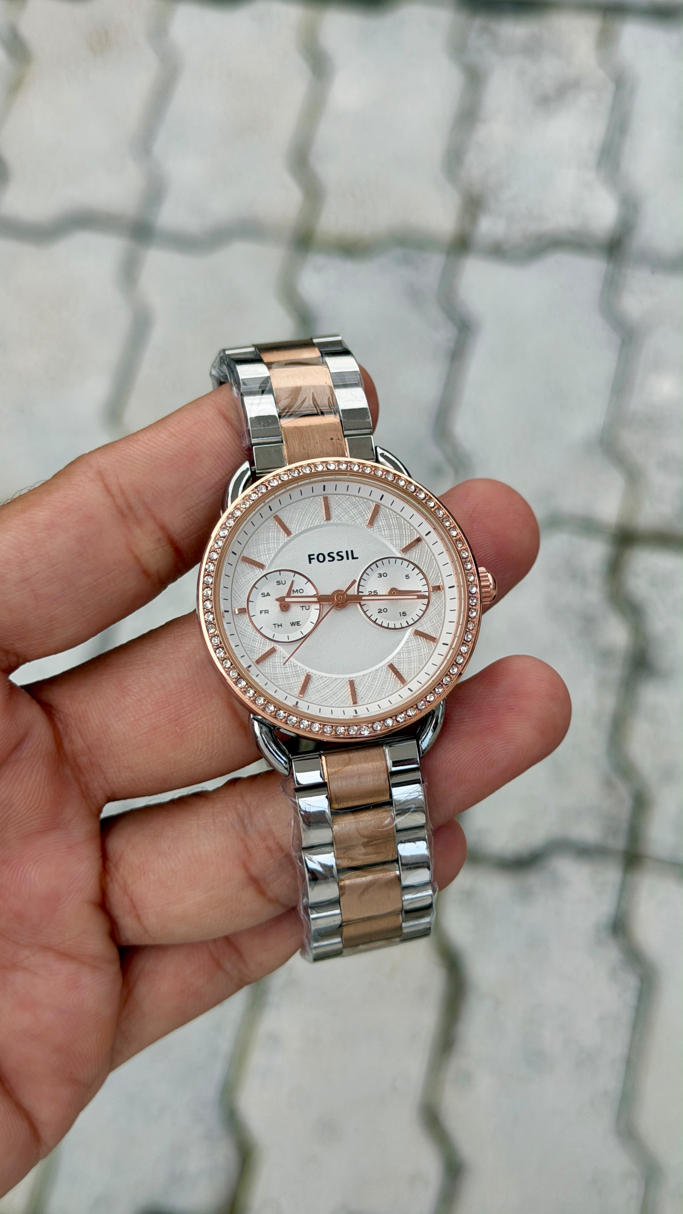 Fossil Women's Two-Tone Multifunction Crystal Bezel White Dial Watch
