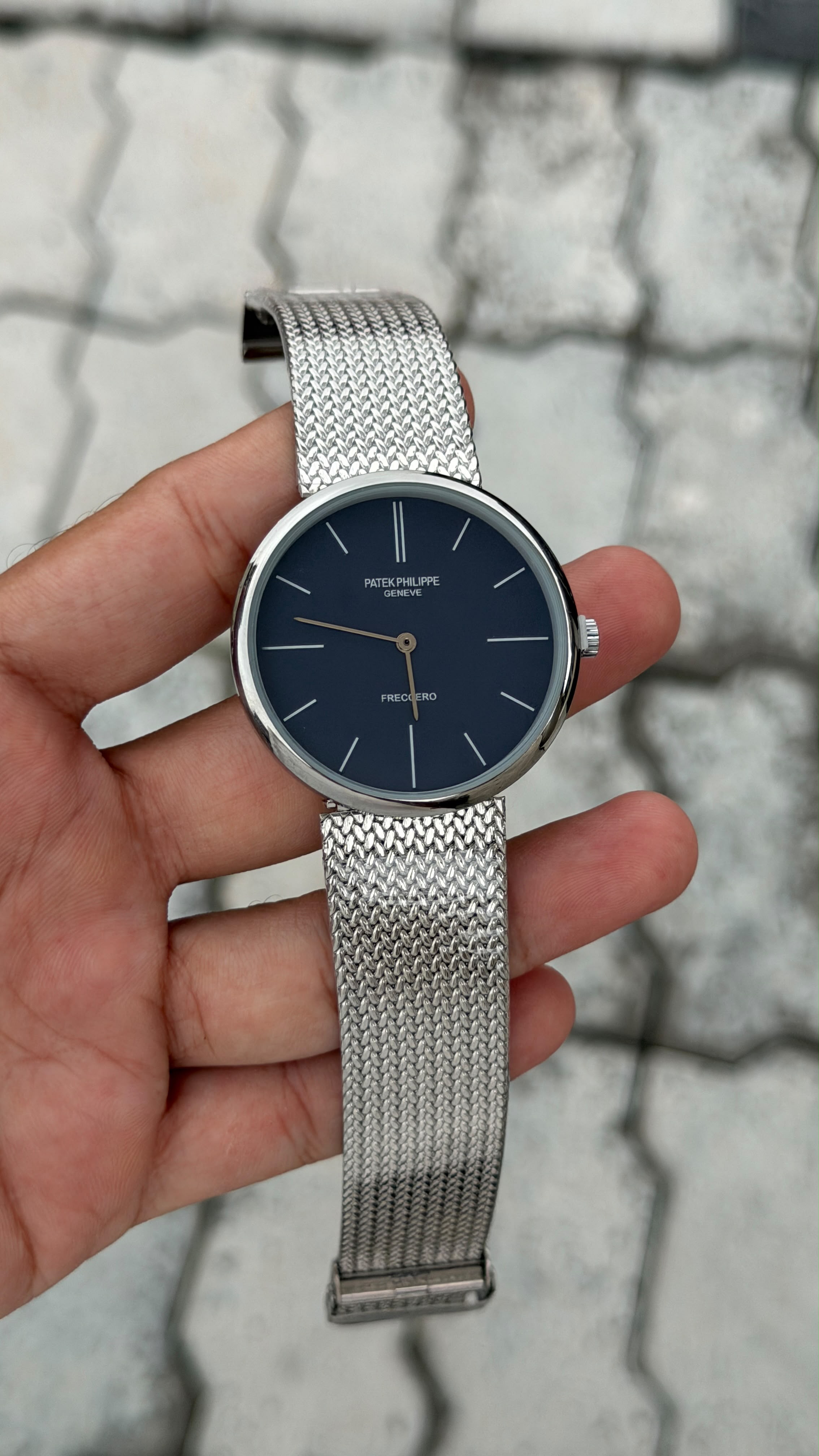 Patek Philippe Geneve Freccero Blue Dial Silver Mesh Watch