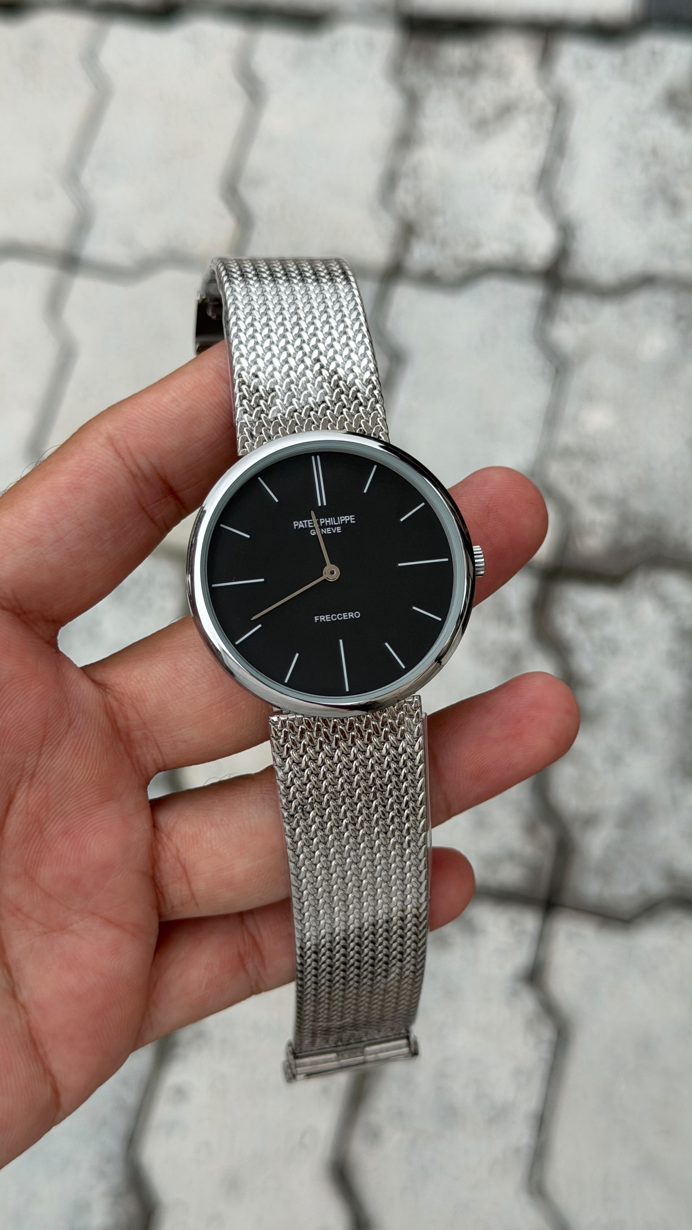 Philippe Geneve Freccero Black Dial Silver Mesh Watch