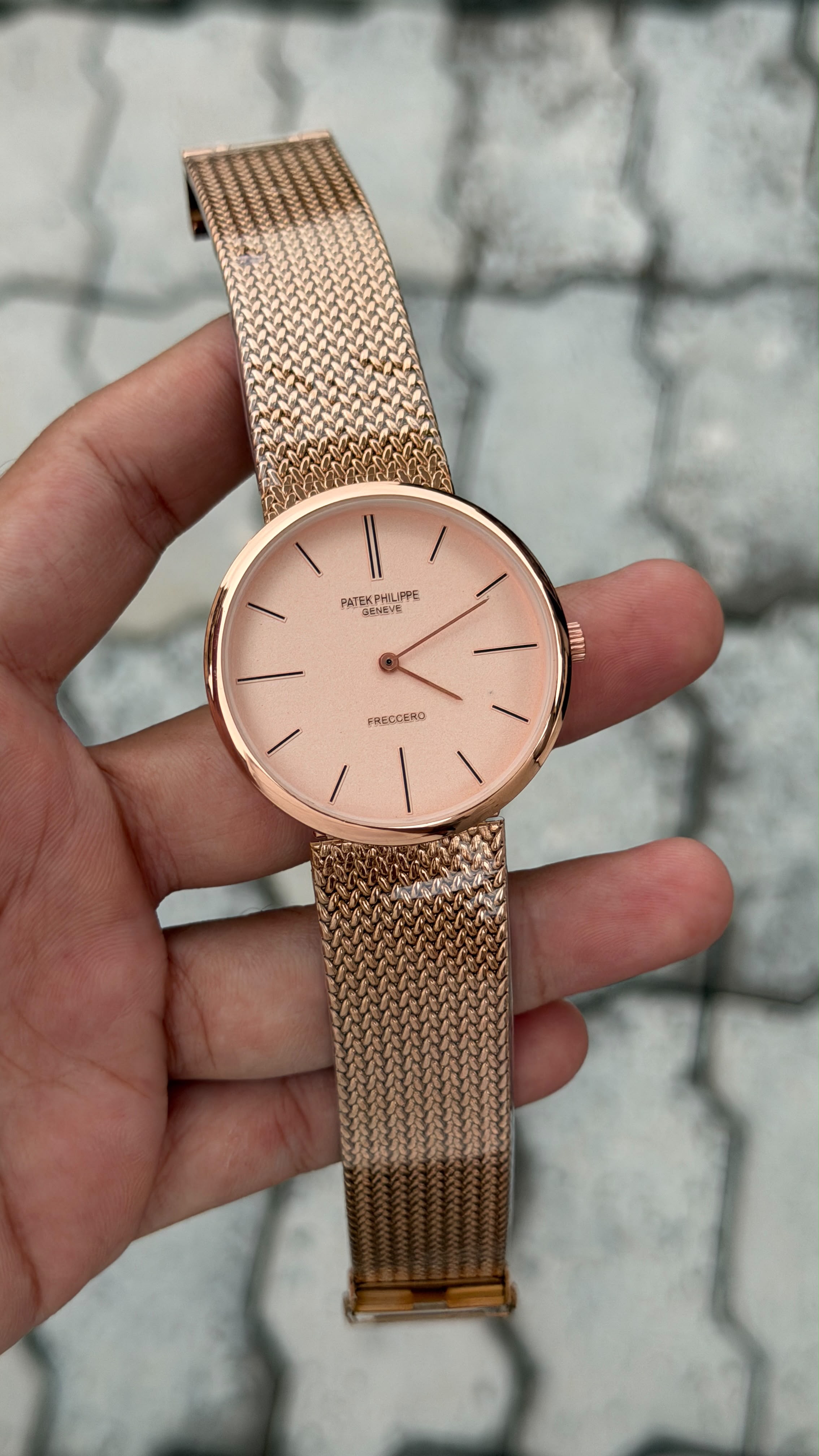 Patek Philippe Geneve Freccero Pink Dial Rose Gold Mesh Watch