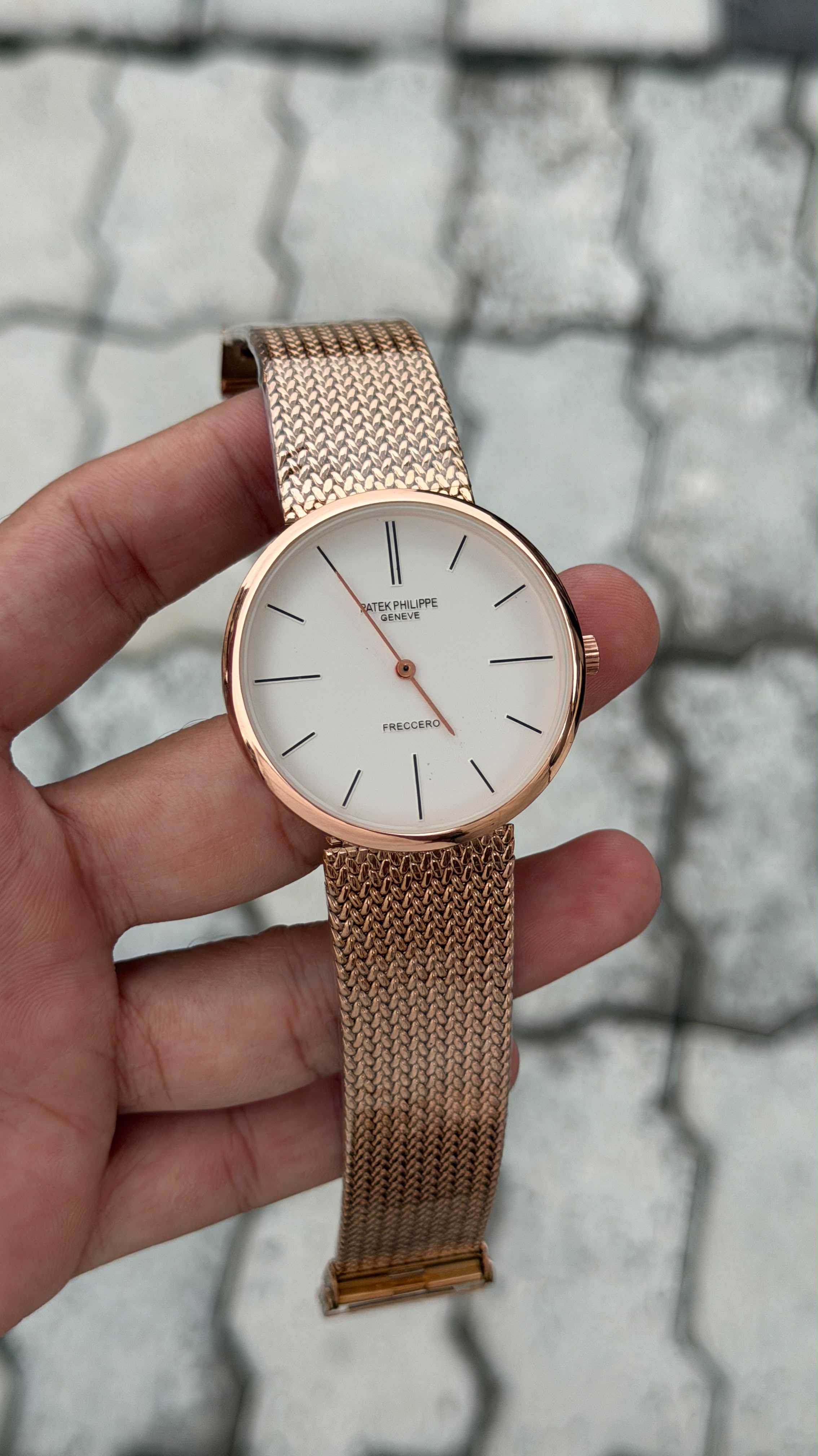 Patek Philippe Geneve Freccero White Dial Rose Gold Mesh Watch