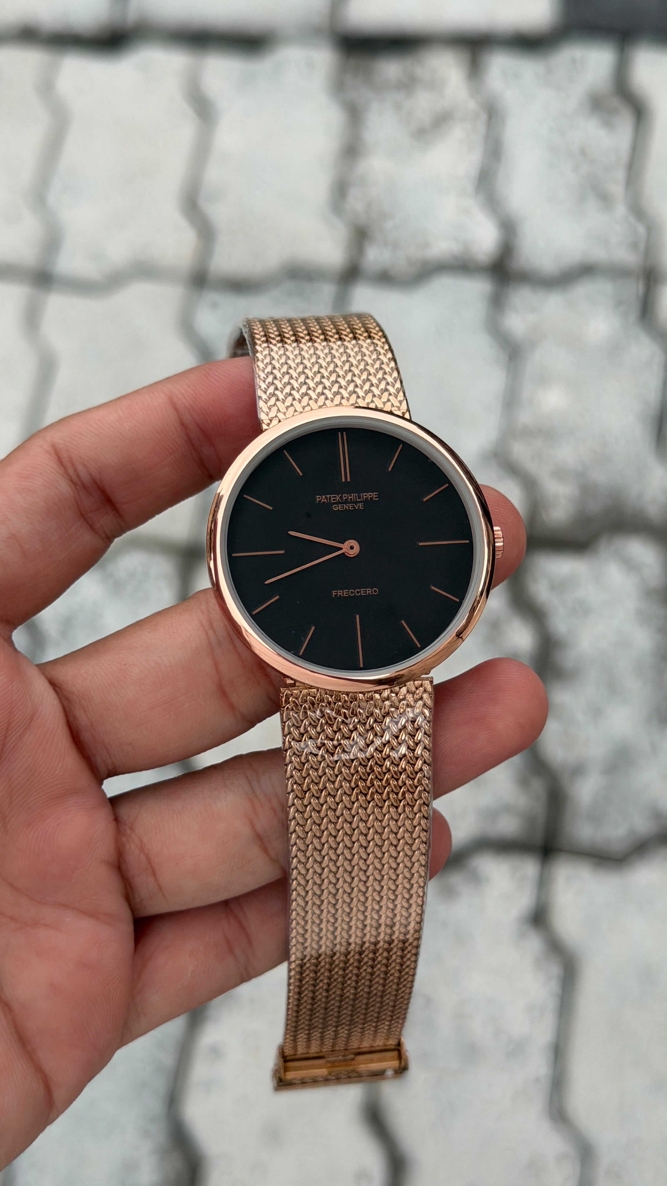 Patek Philippe Geneve Freccero Black Dial Rose Gold Mesh Watch