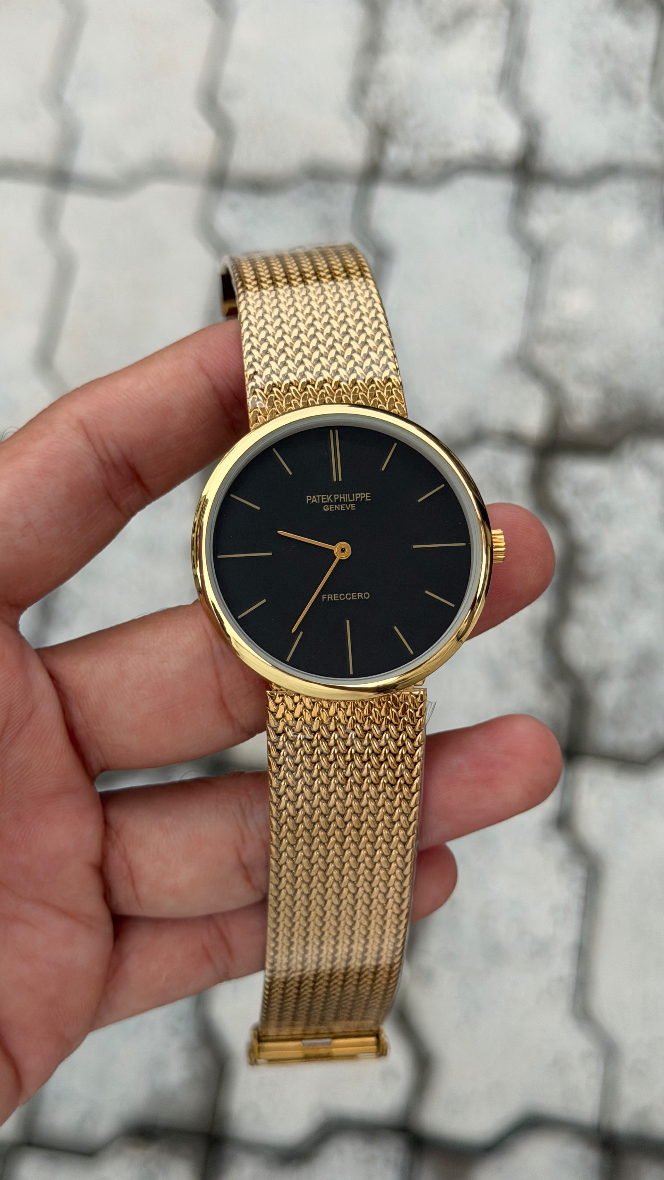 Patek Philippe Geneve Freccero Black Dial Gold Mesh Watch
