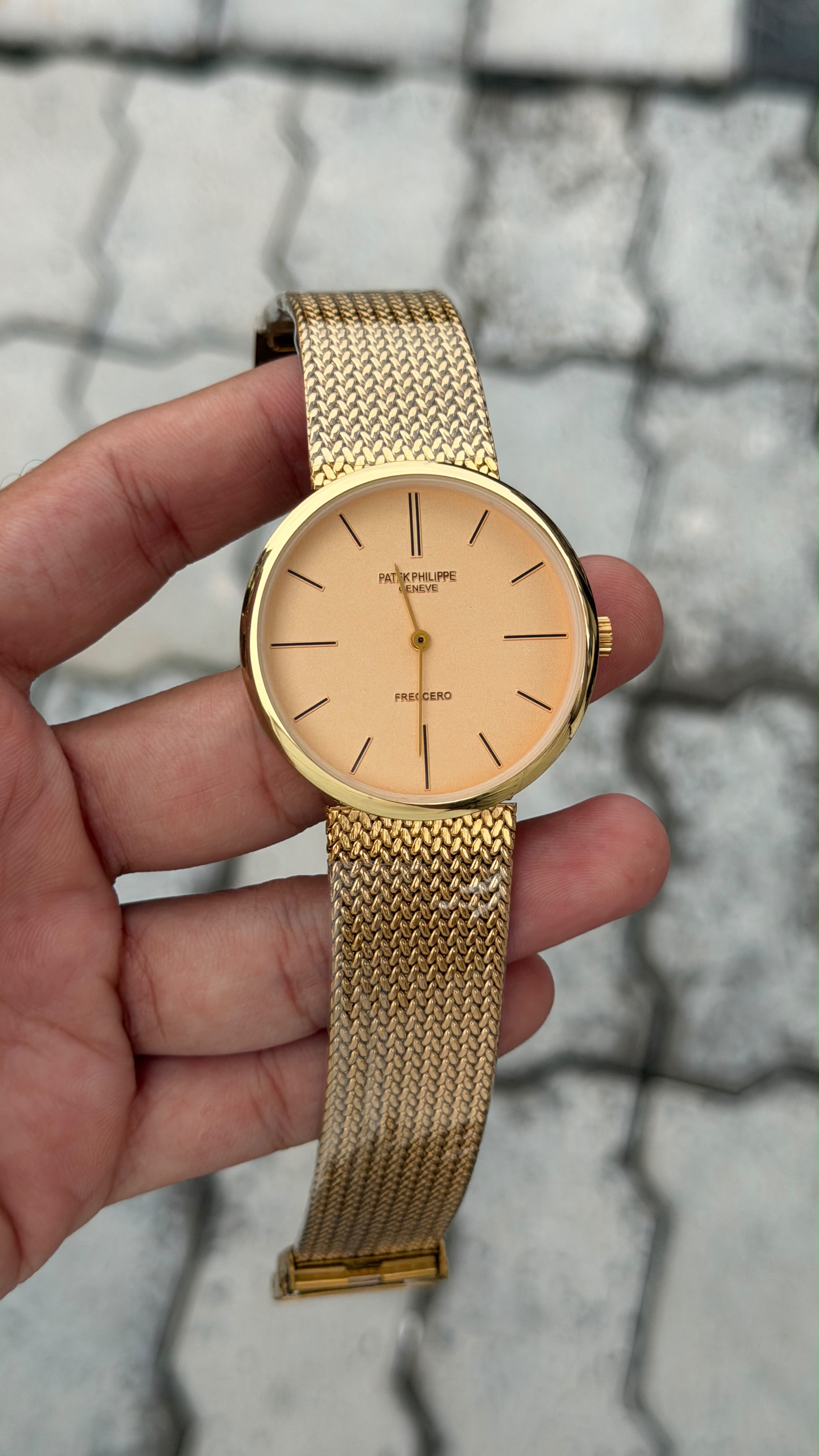 Patek Philippe Geneve Freccero Champagne Dial Gold Mesh Watch