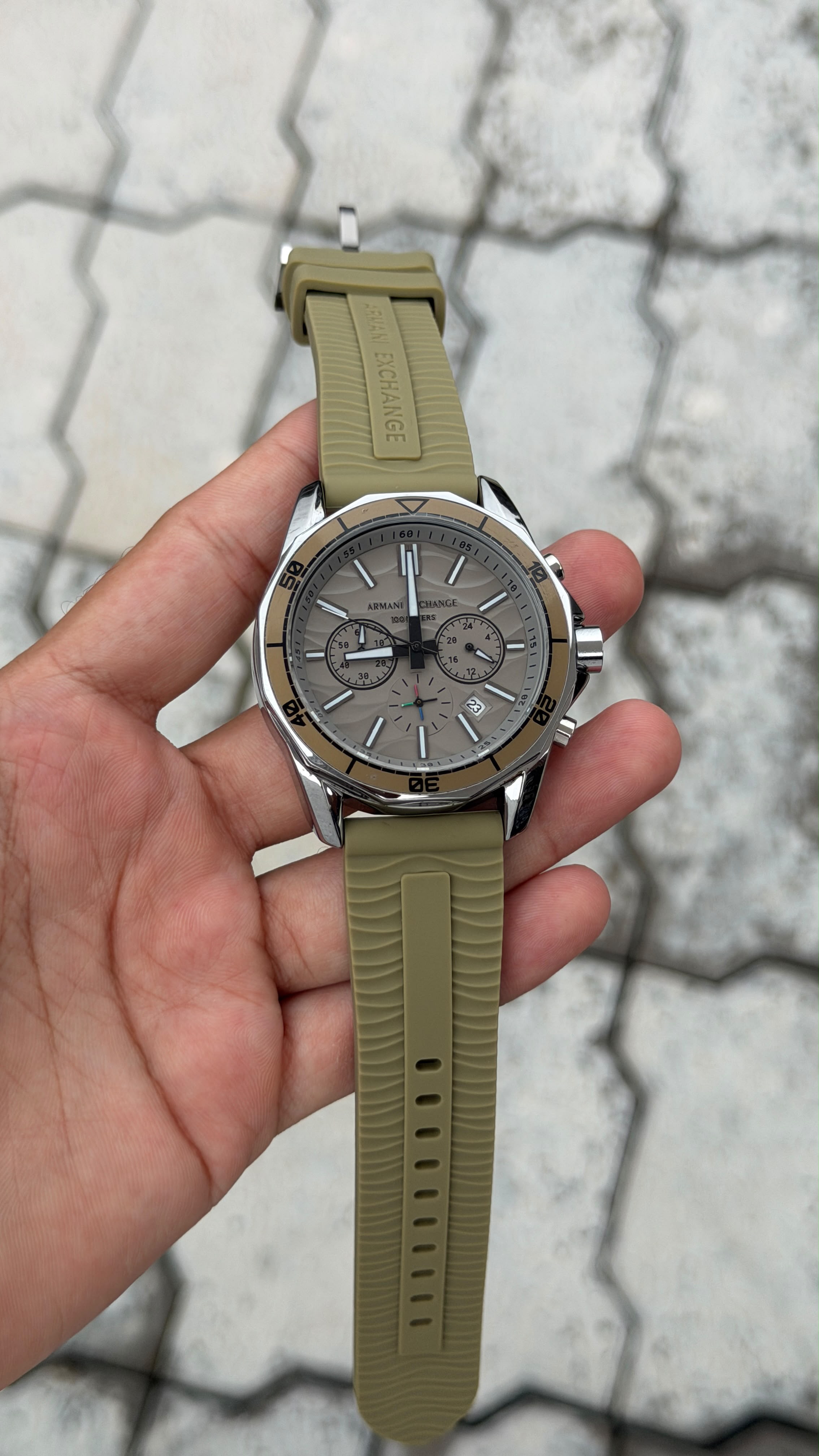 Armani Exchange Sport Chronograph Beige Dial Olive Strap Watch