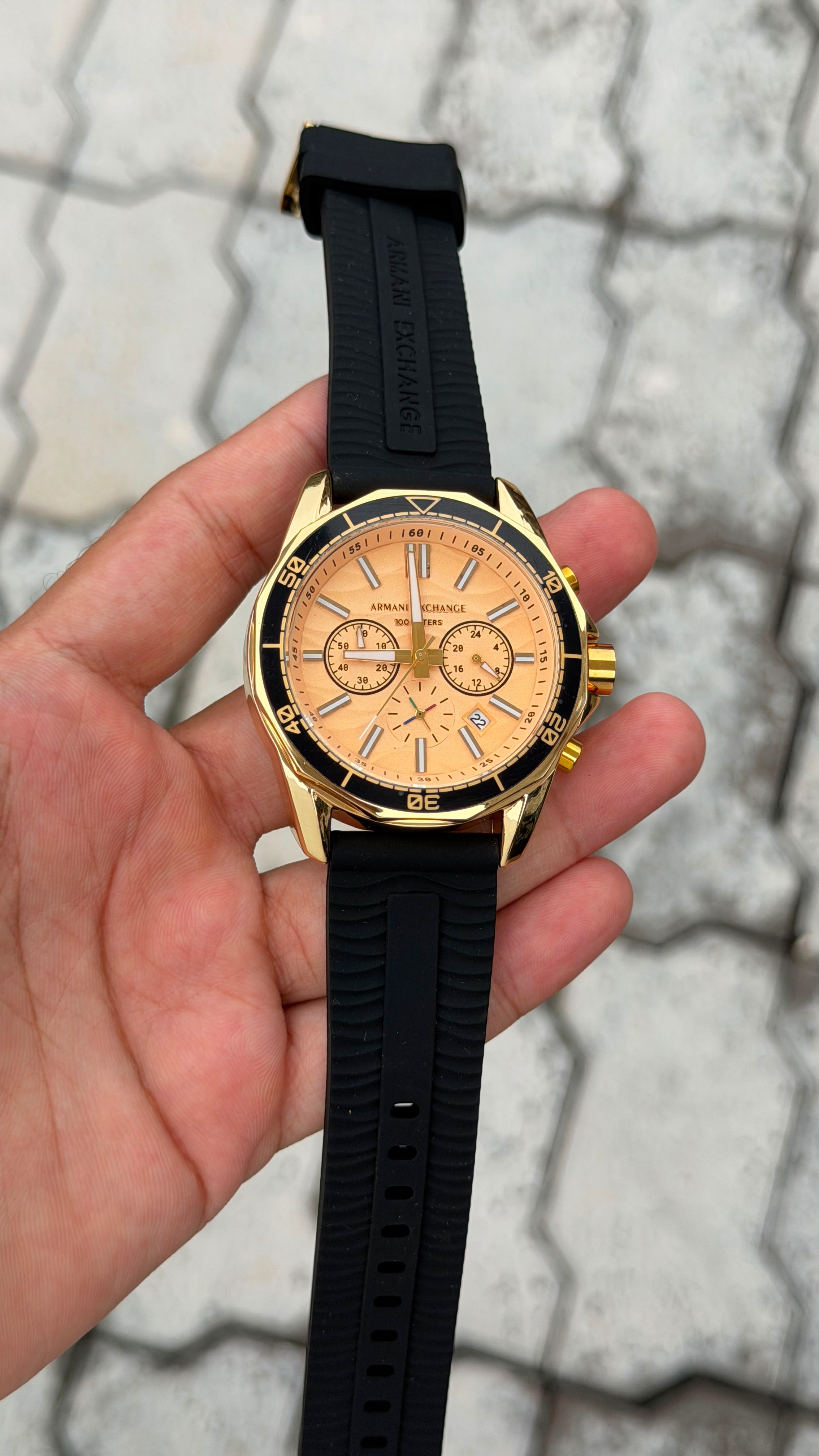 Armani Exchange Sport Chronograph Gold Tone Peach Dial Black Strap Watch