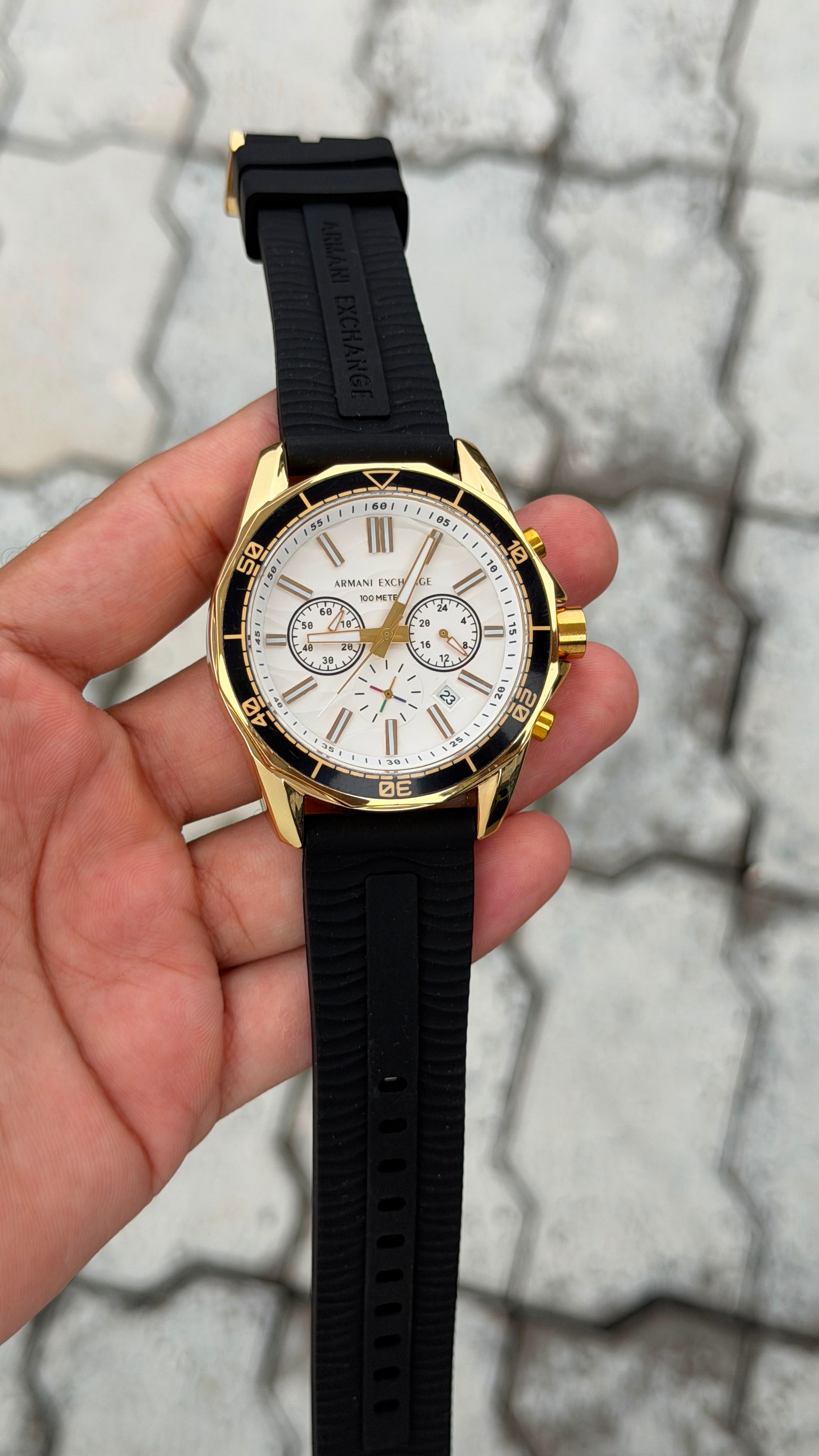 Armani Exchange Sport Chronograph Gold Tone White Dial Black Strap Watch