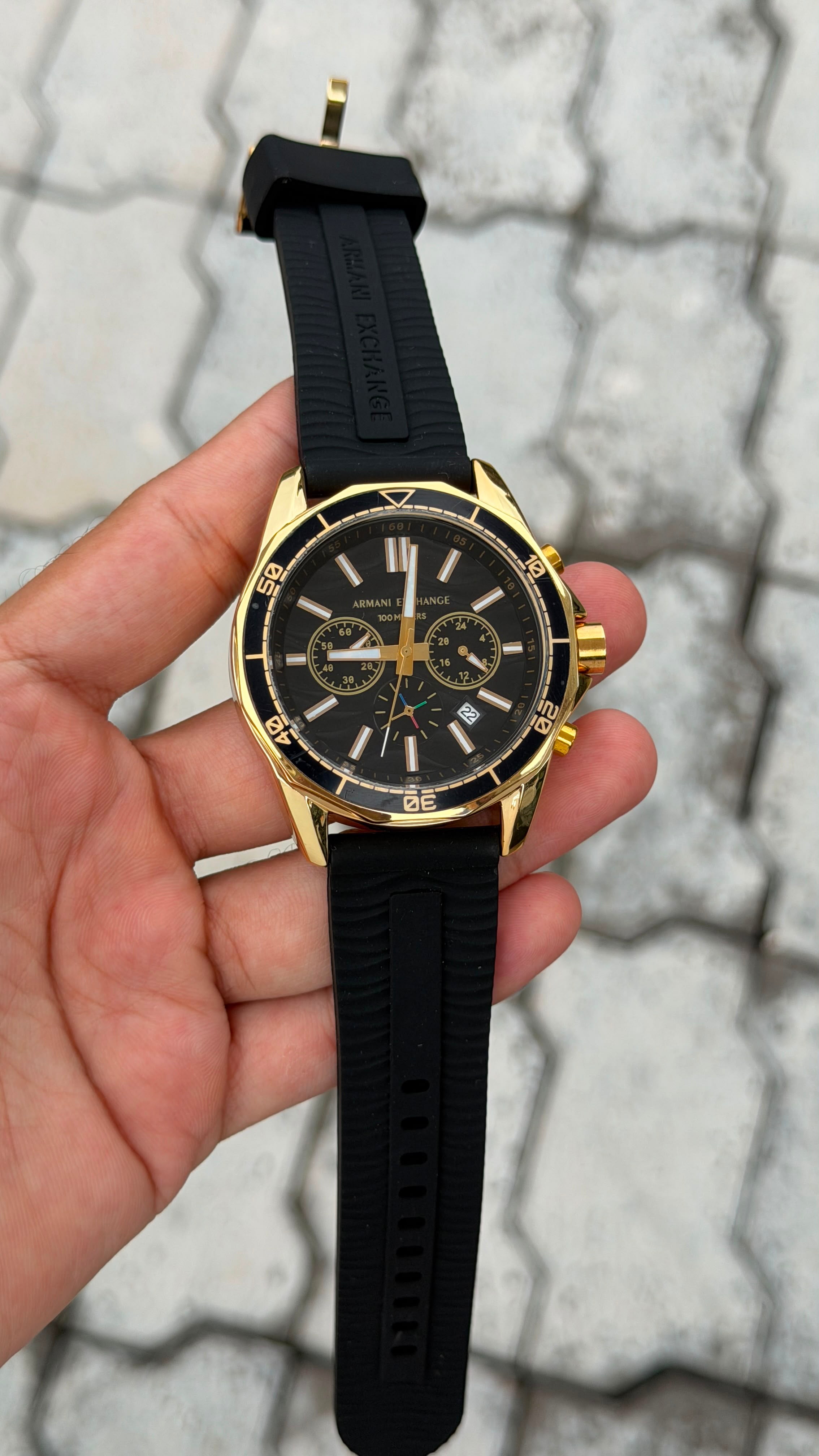 Armani Exchange Sport Chronograph Gold Tone Black Dial Black Strap Watch